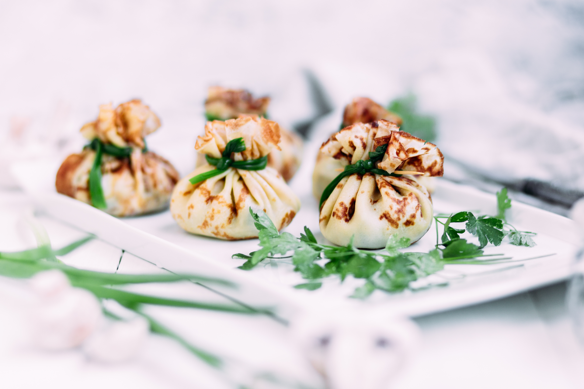 Delicate Georgian Khinkali with Caraway and Dill — Appetizer served and photographed from above