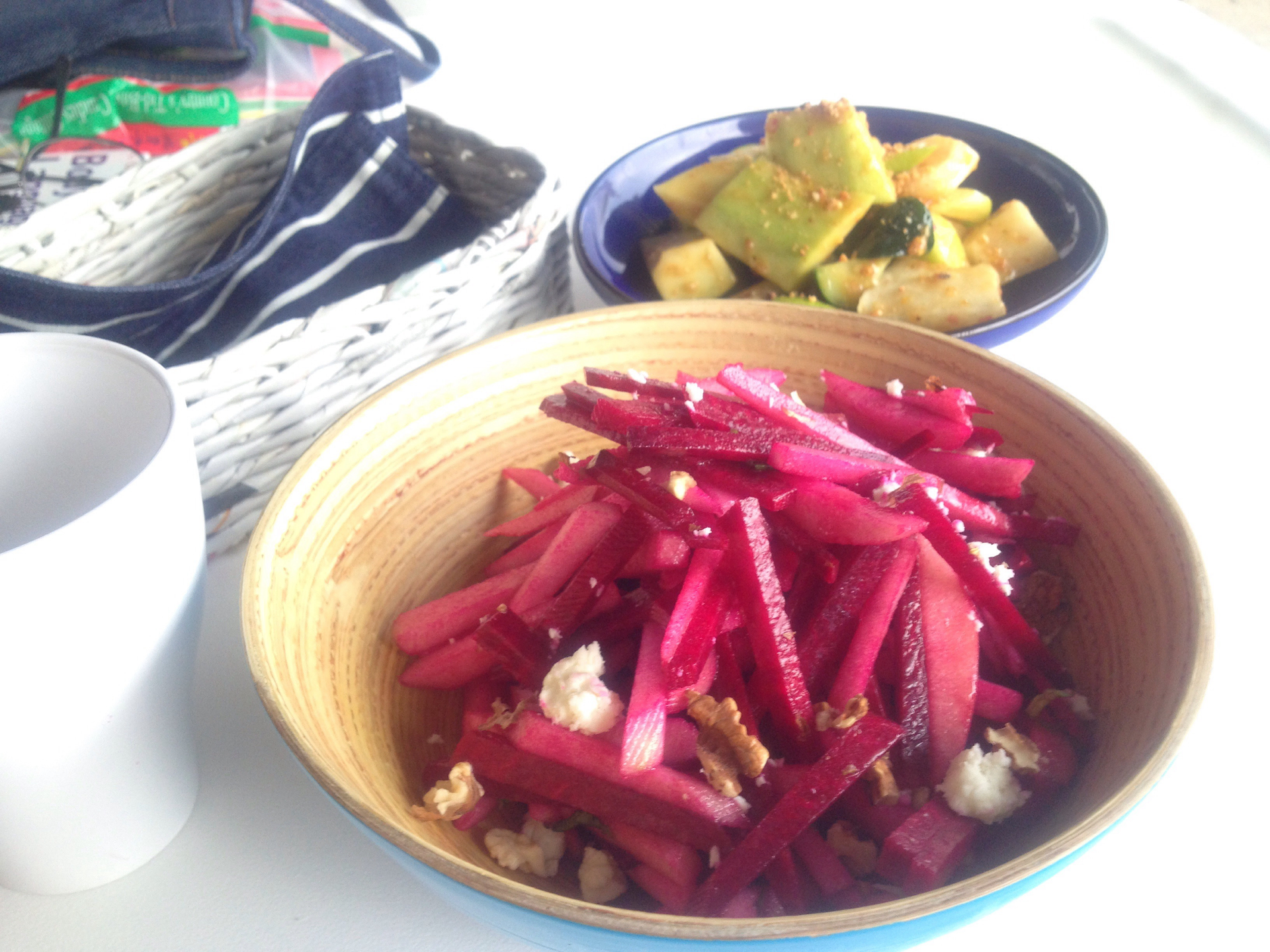 Overhead flat-lay of all ingredients for Dominican Mangú with Pickled Red Onions laid out on a kitchen surface.