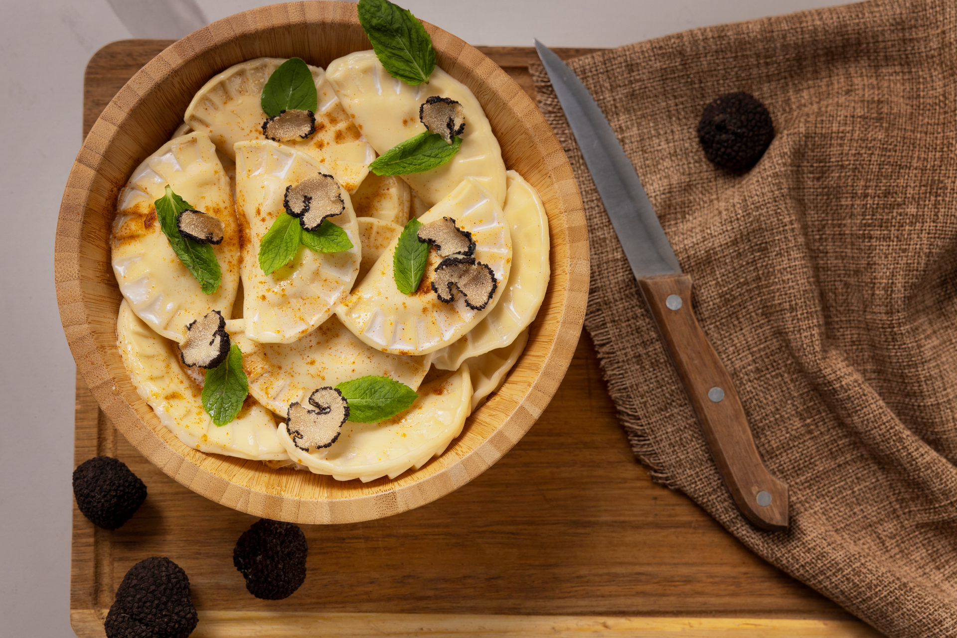 Earthy Bhutanese Buckwheat Pancakes with Wild Mushroom Stew — Main Course served and photographed from above