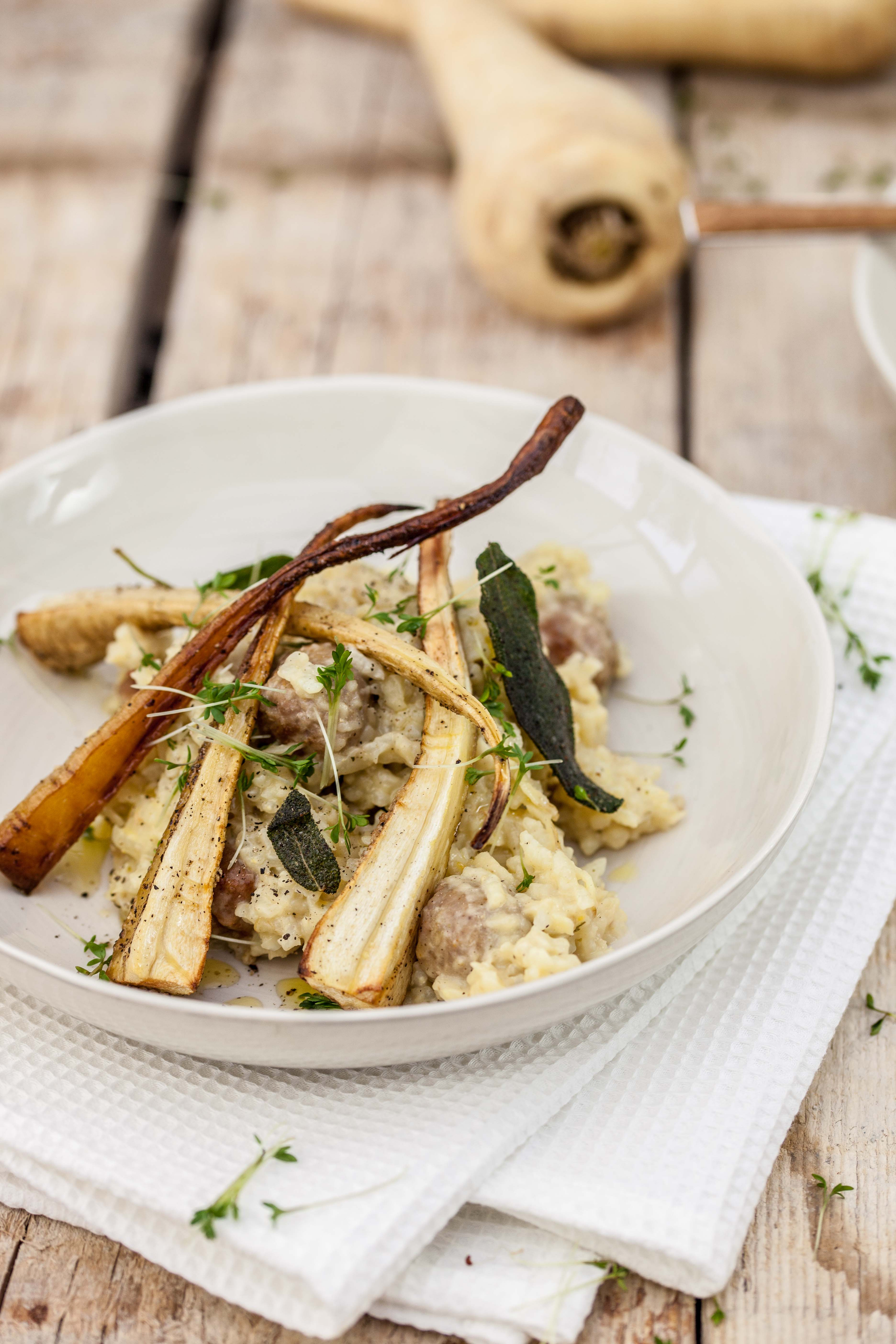 Earthy Italian Fennel and Sausage Risotto — Main Course served and photographed from above