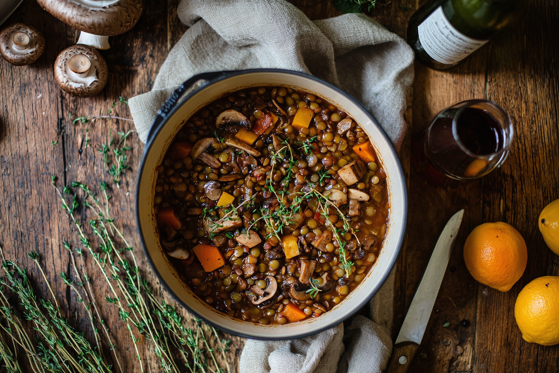 Overhead flat-lay of all ingredients for Earthy Polish Barley Stew with Caramelized Root Vegetables laid out on a kitchen surface.