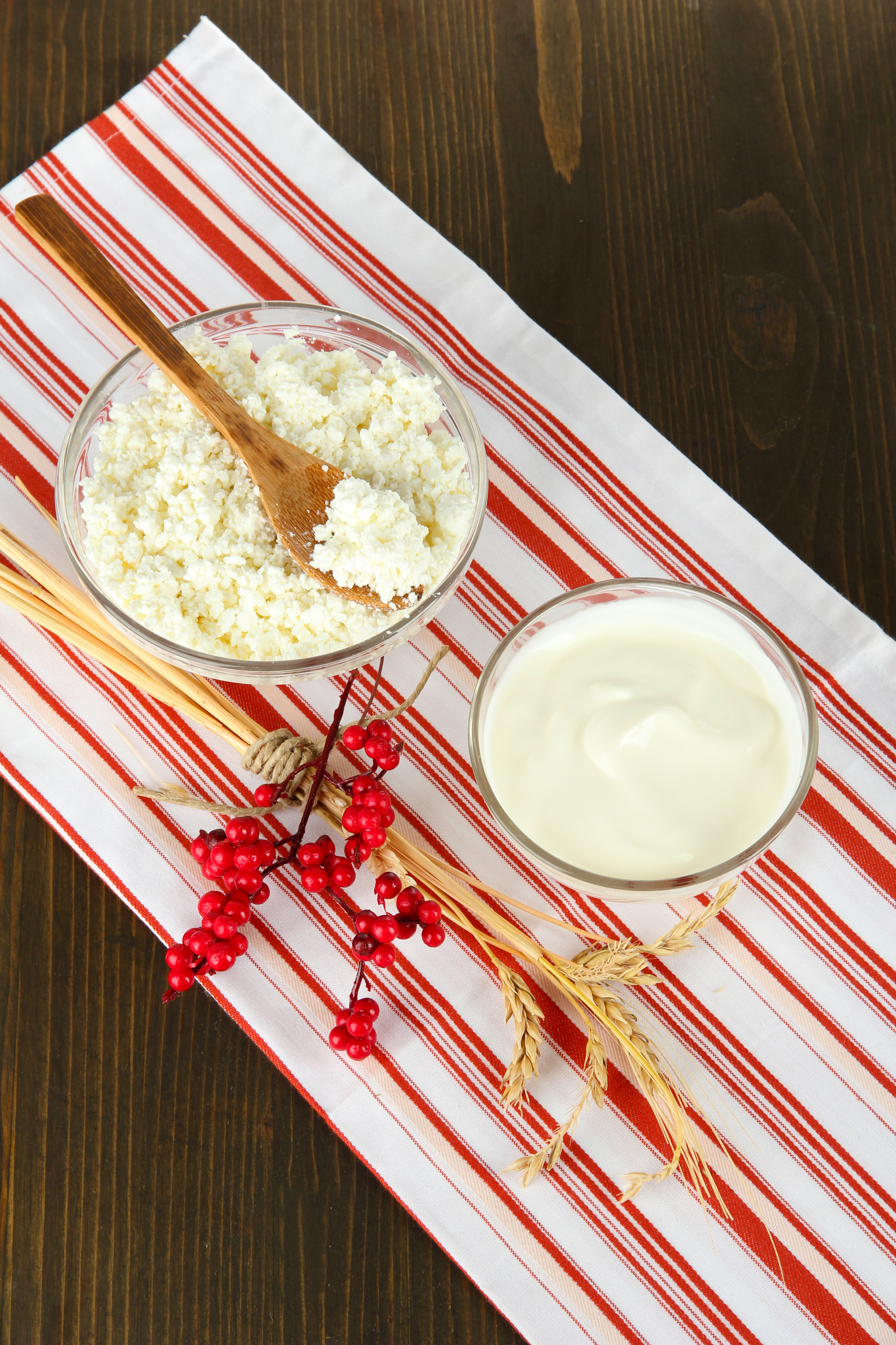 Overhead flat-lay of all ingredients for Estonian Kama with Fermented Buttermilk laid out on a kitchen surface.