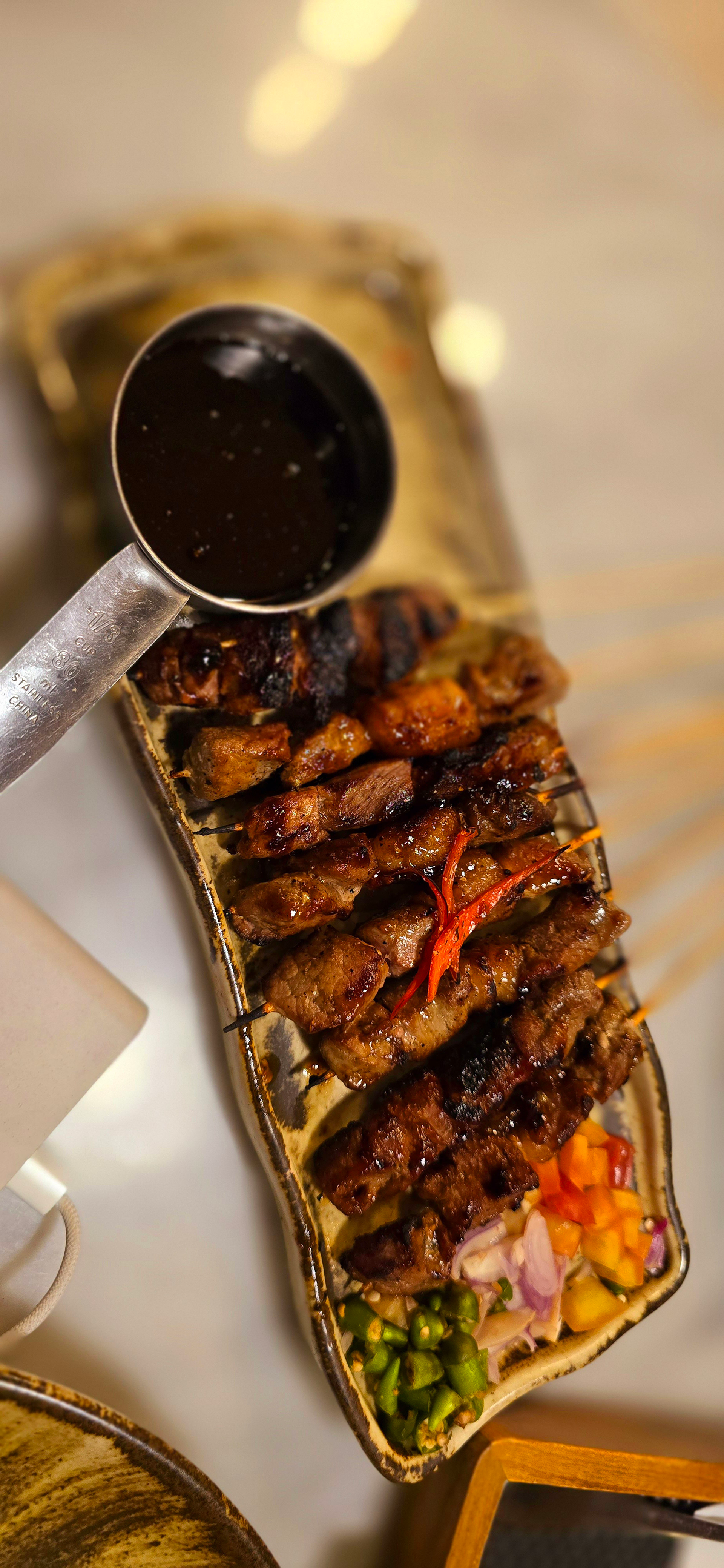 Ethiopian Coffee-Infused Beef Skewers with Berbere — Appetizer served and photographed from above