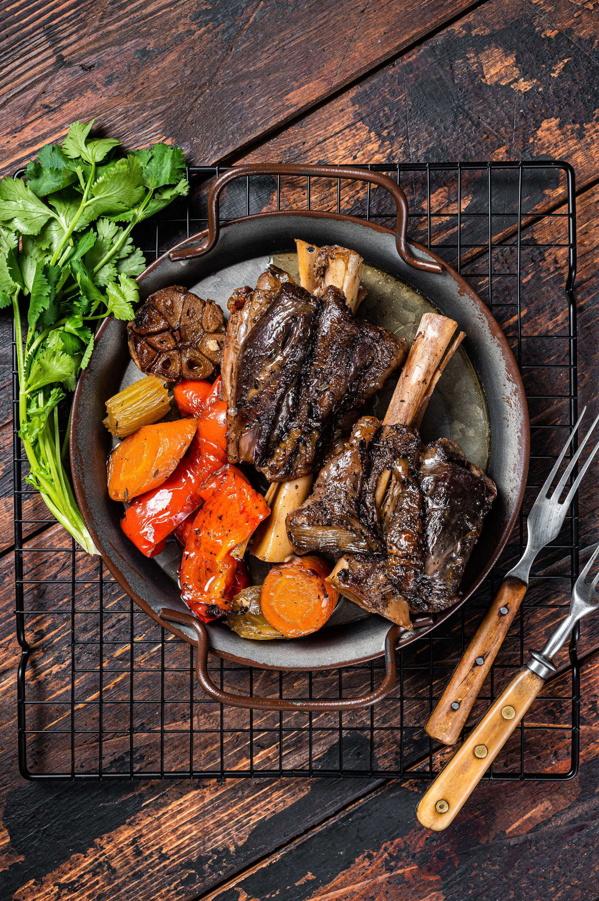 Ethiopian Coffee-Rubbed Lamb Chops with Injera Stir-Fry — Main Course served and photographed from above