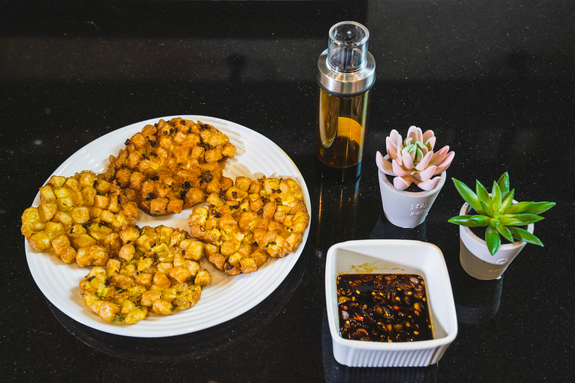 Overhead flat-lay of all ingredients for Ethiopian Injera Frites with Berbere Spice laid out on a kitchen surface.