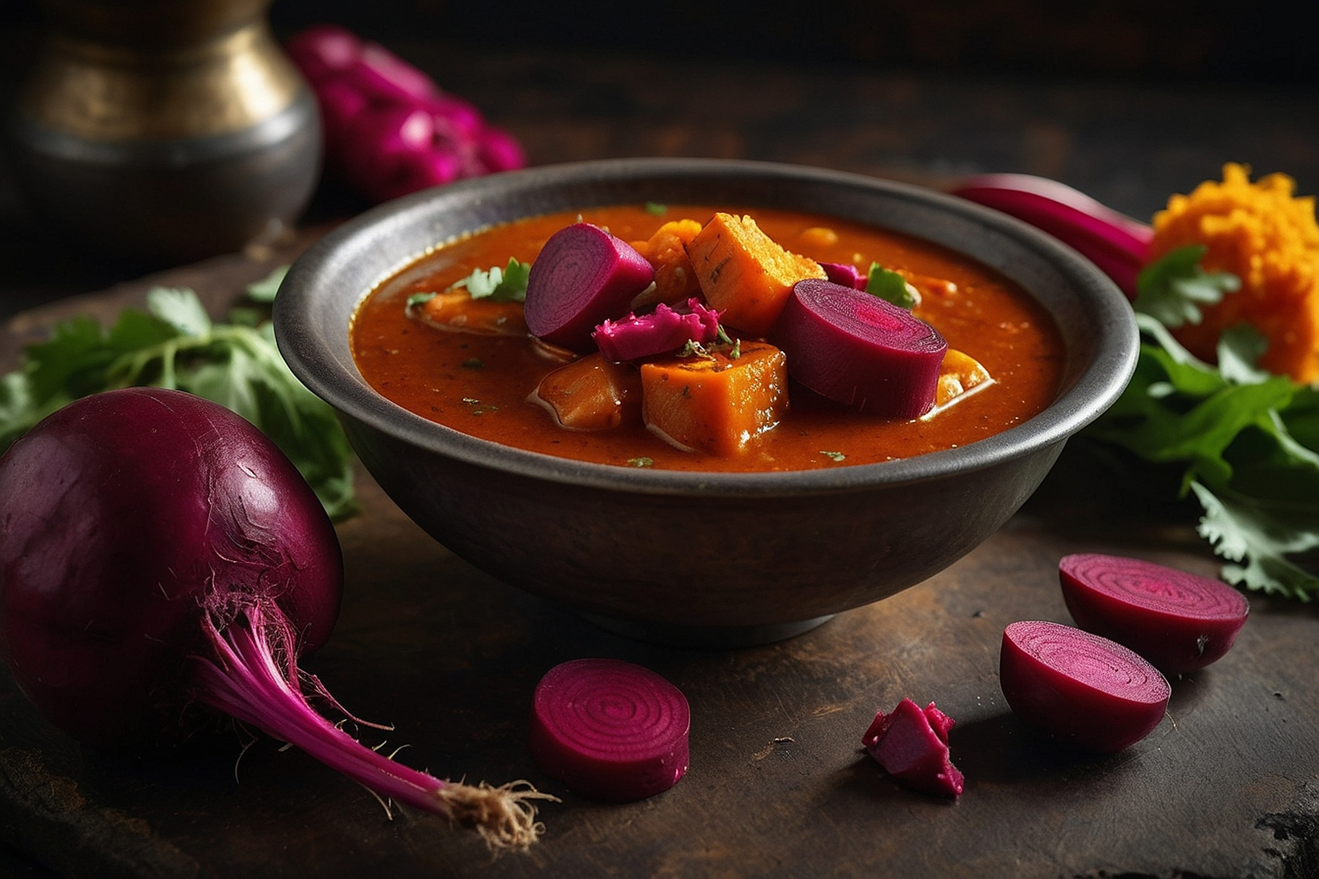Ethiopian Spiced Beet Stew with Ginger and Coriander — Main Course served and photographed from above