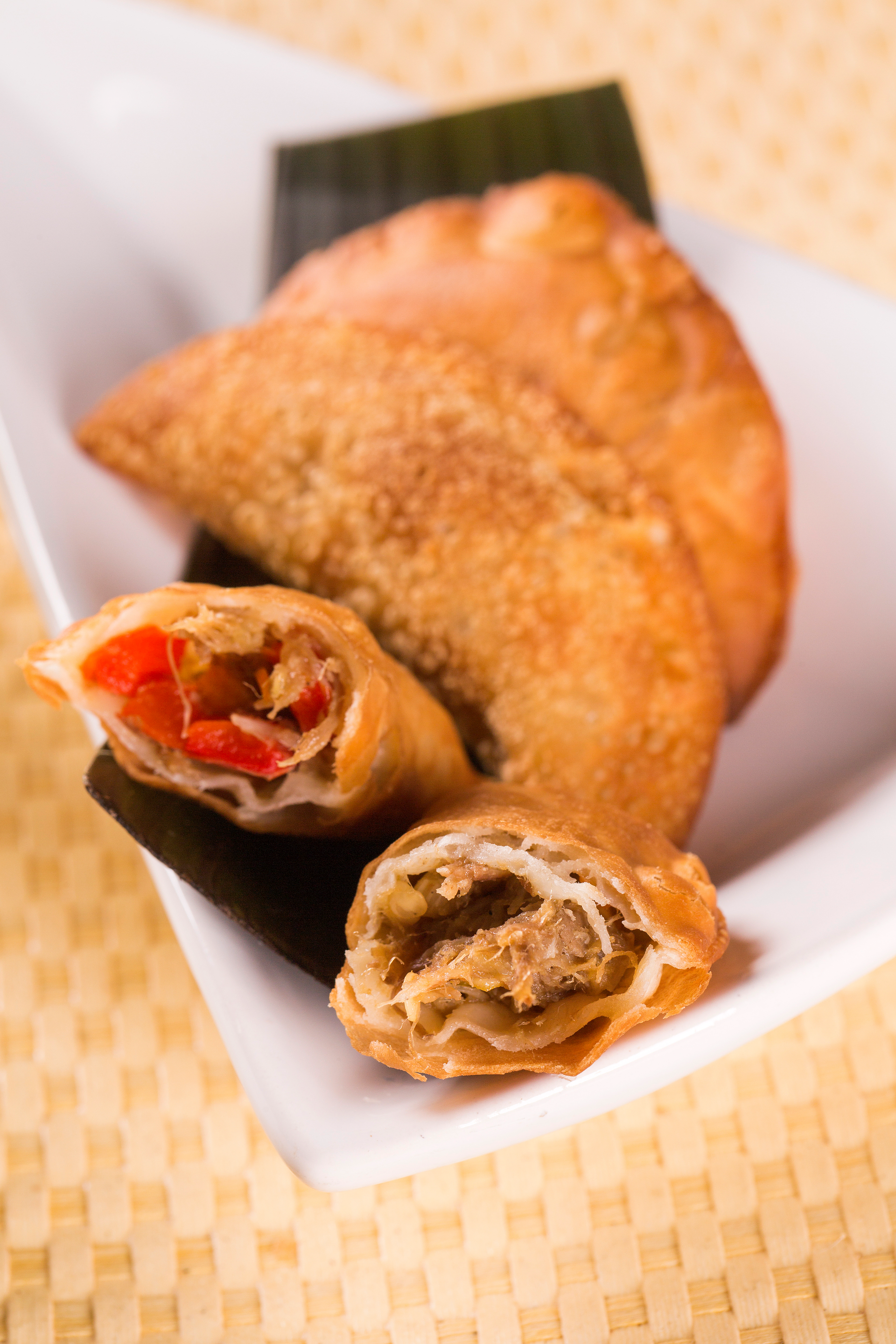 Exotic Jamaican Patties with Spicy Beef Filling — Snack served and photographed from above