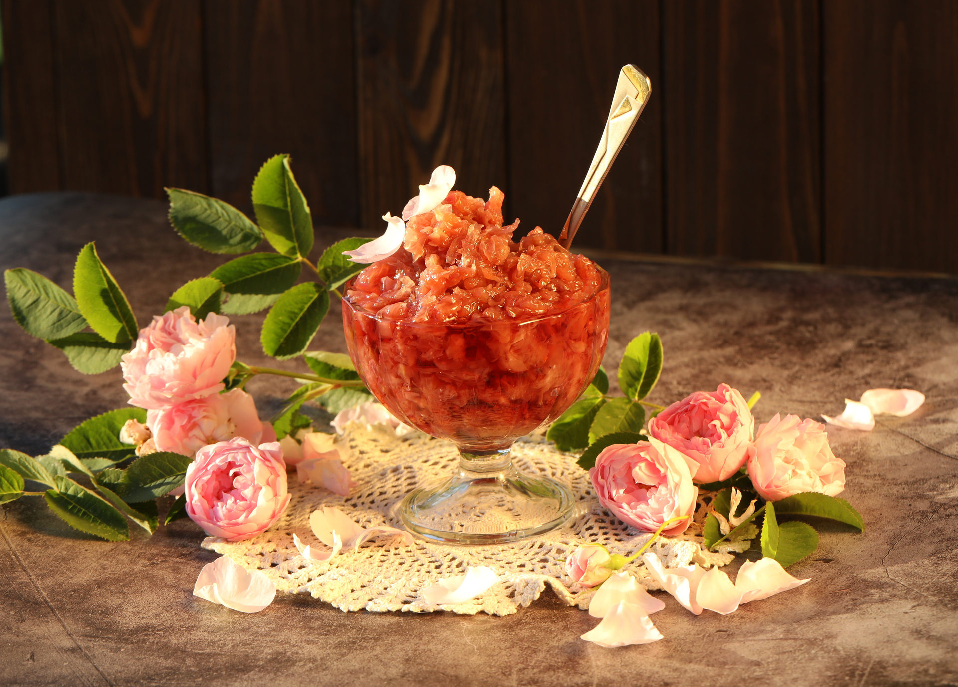 Overhead flat-lay of all ingredients for Exotic Moroccan Fig and Orange Blossom Sorbet laid out on a kitchen surface.