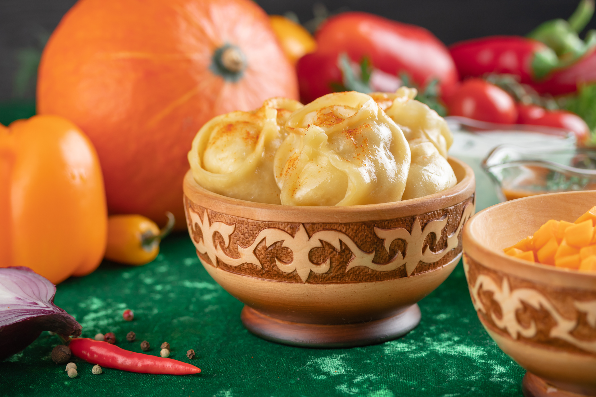 Exotic Turkish Manti with Spiced Pumpkin Filling — Main Course served and photographed from above