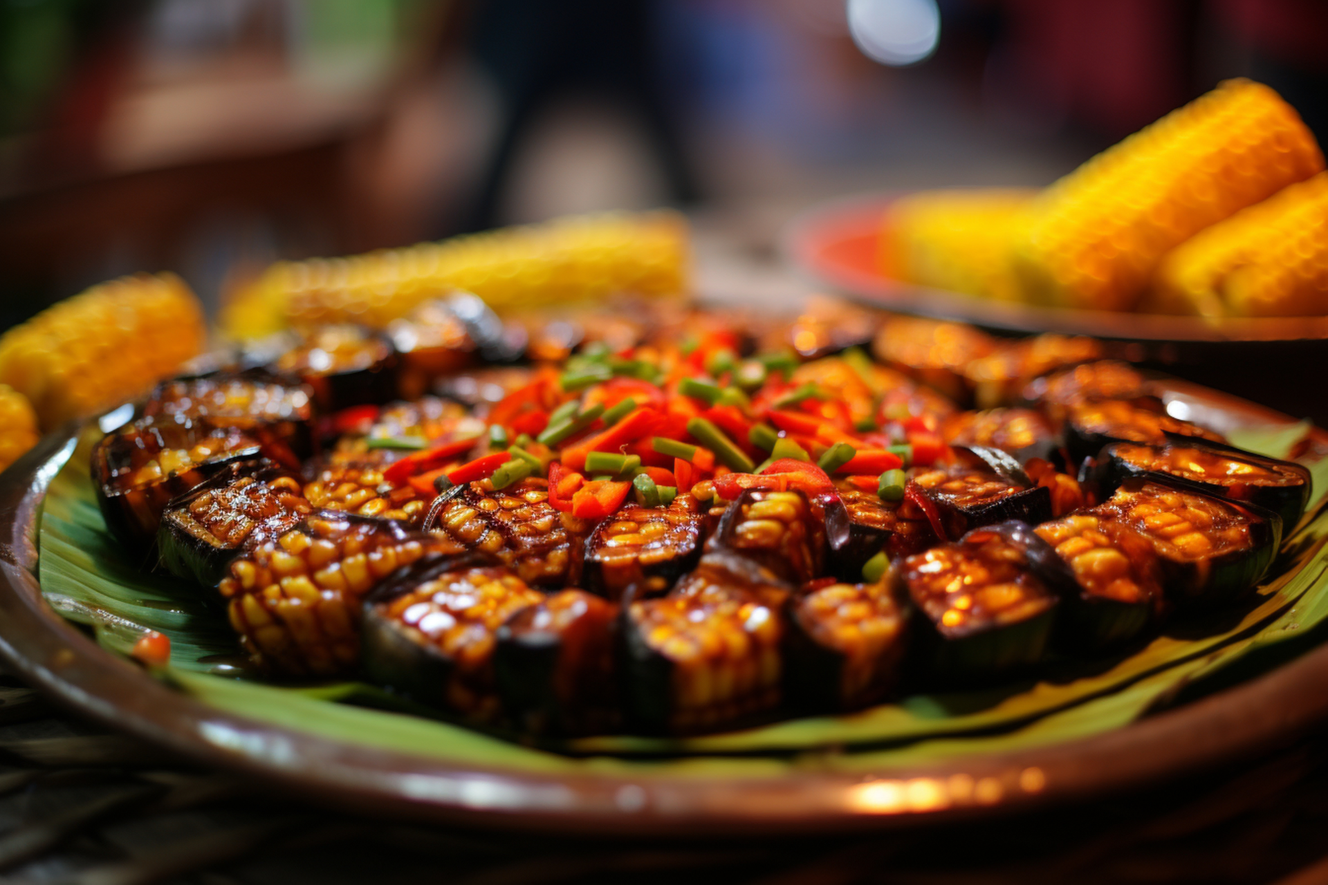Fiery Jamaican Scotch Bonnet Chicken Curry with Grilled Plantains — Main Course served and photographed from above