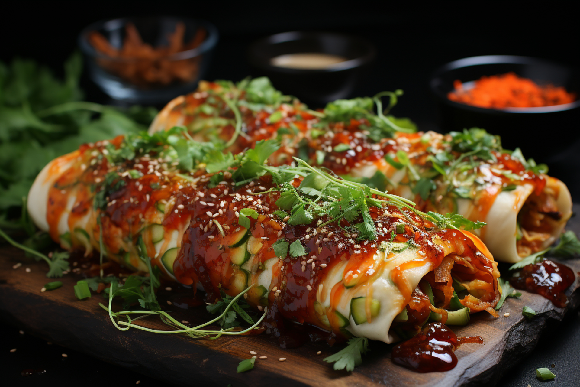 Overhead flat-lay of all ingredients for Fiery Korean Bibimbap Burritos with Gochujang Sauce laid out on a kitchen surface.