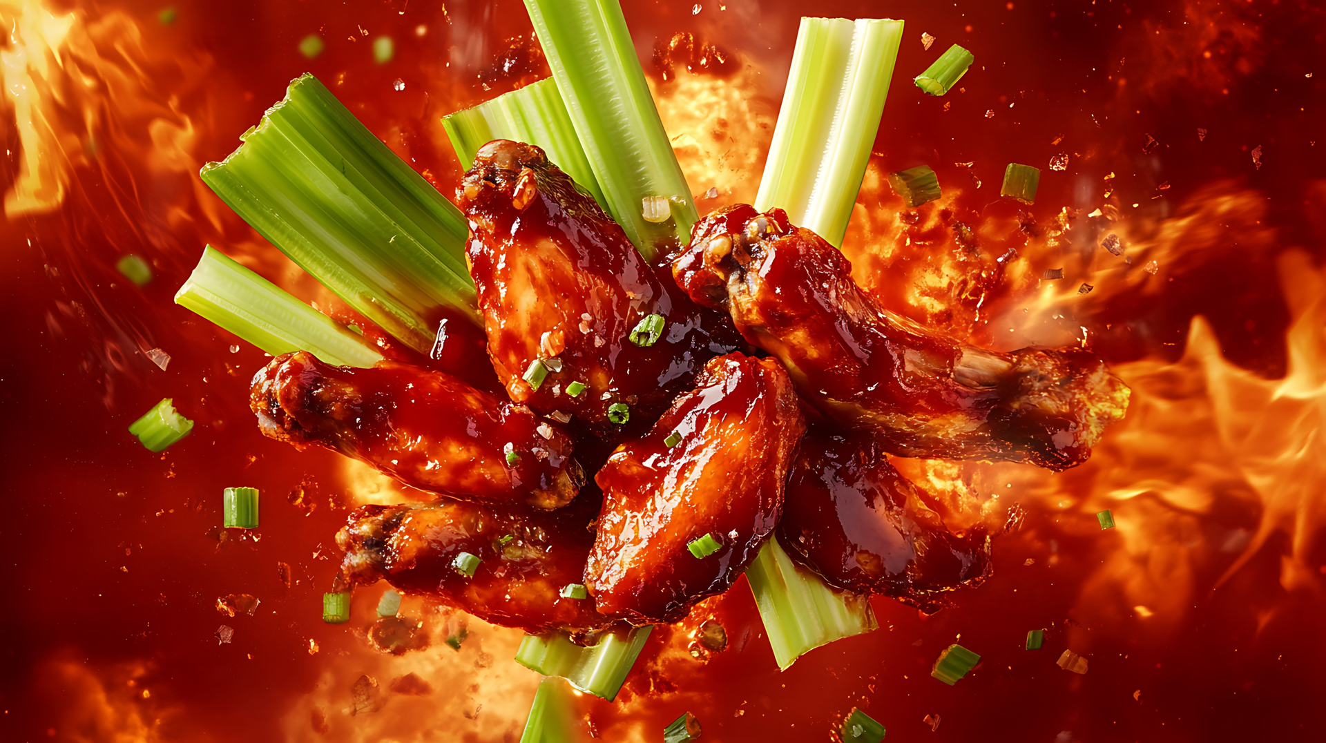 Overhead flat-lay of all ingredients for Fiery Sichuan Chicken Wings with Chili and Garlic laid out on a kitchen surface.