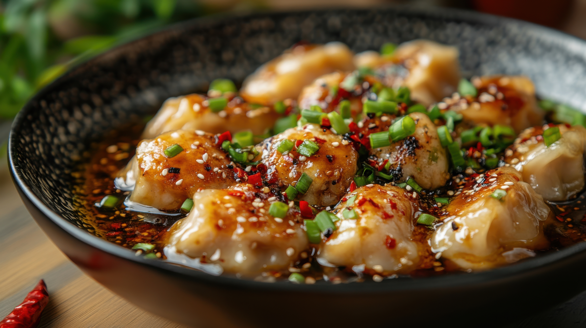Overhead flat-lay of all ingredients for Fiery Sichuan Spicy Chicken Wontons with Chili Oil laid out on a kitchen surface.