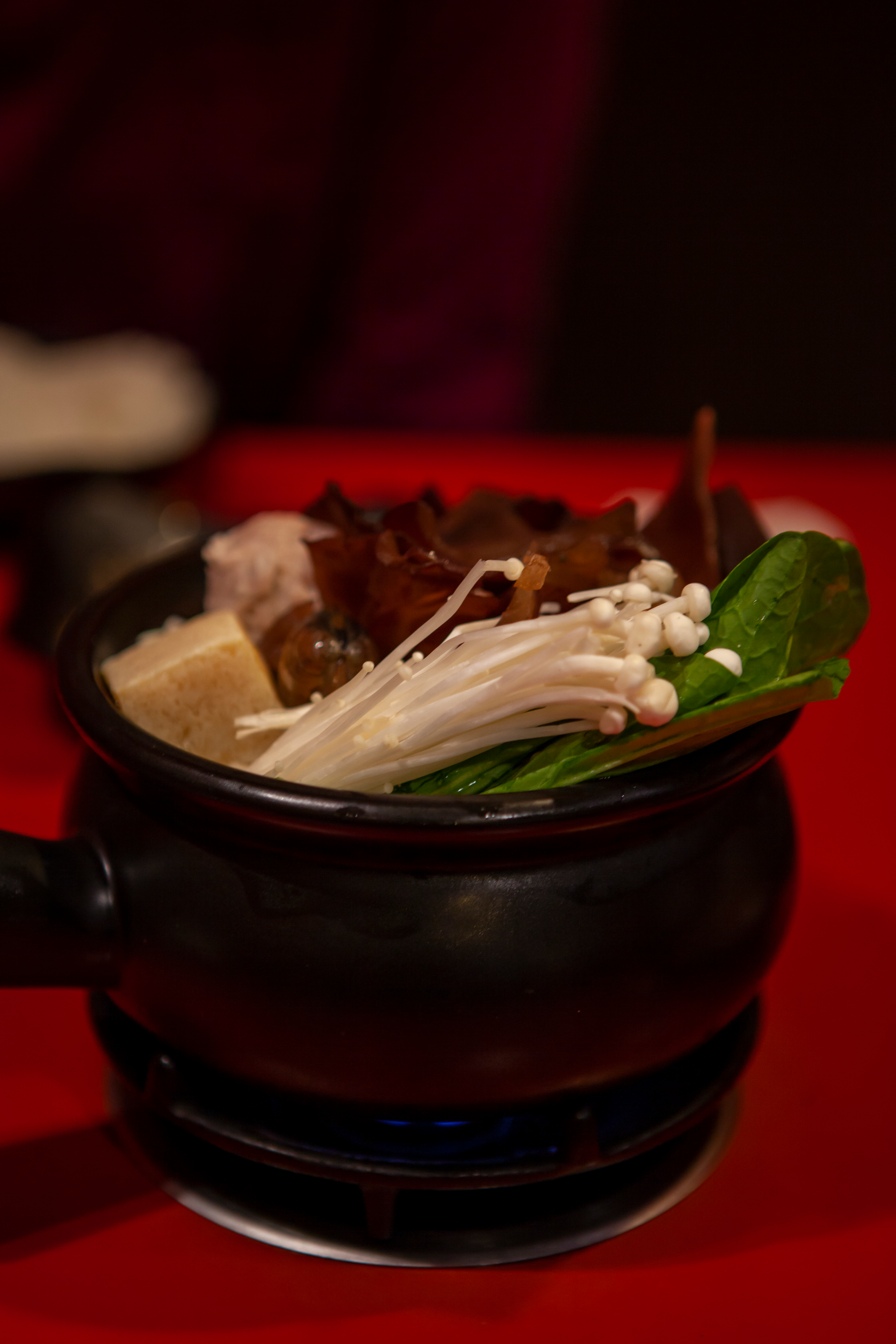 Overhead flat-lay of all ingredients for Fiery Szechuan Hot Pot with Tofu and Mushrooms laid out on a kitchen surface.