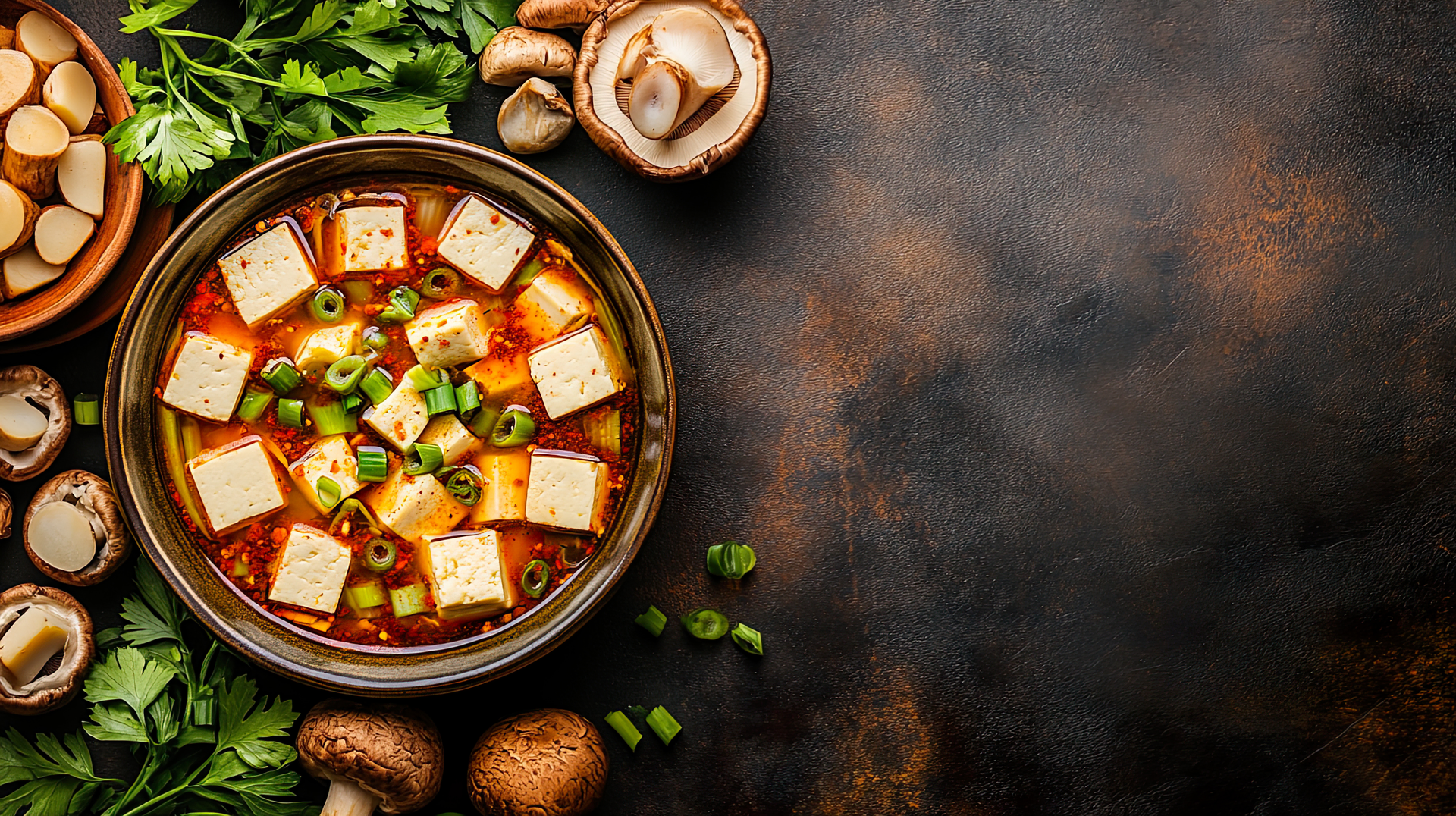 Fiery Szechuan Hot Pot with Tofu and Mushrooms — Main Course served and photographed from above