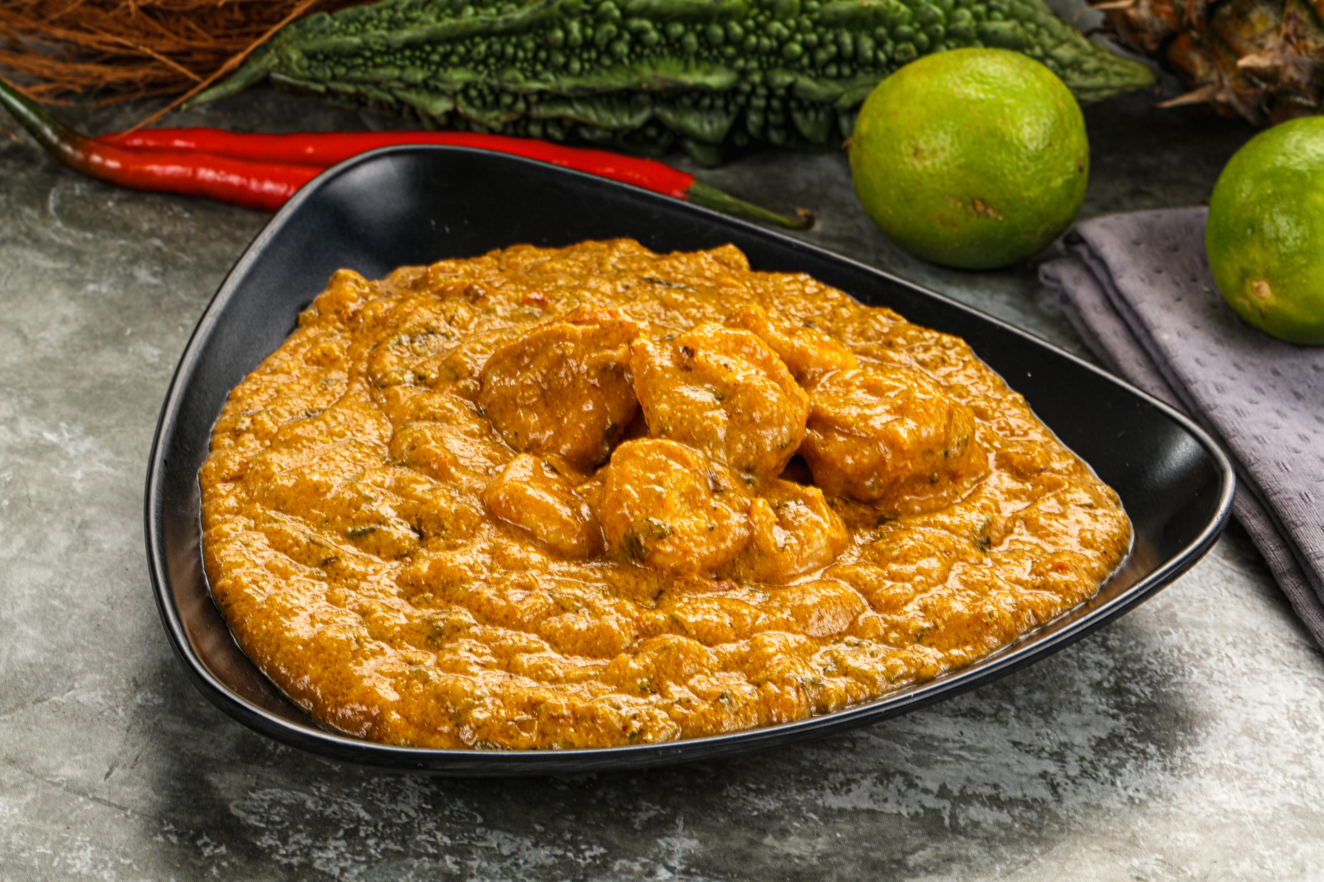 Fiery Trinidadian Fried Shrimp Roti with Curry Chickpeas — Main Course served and photographed from above