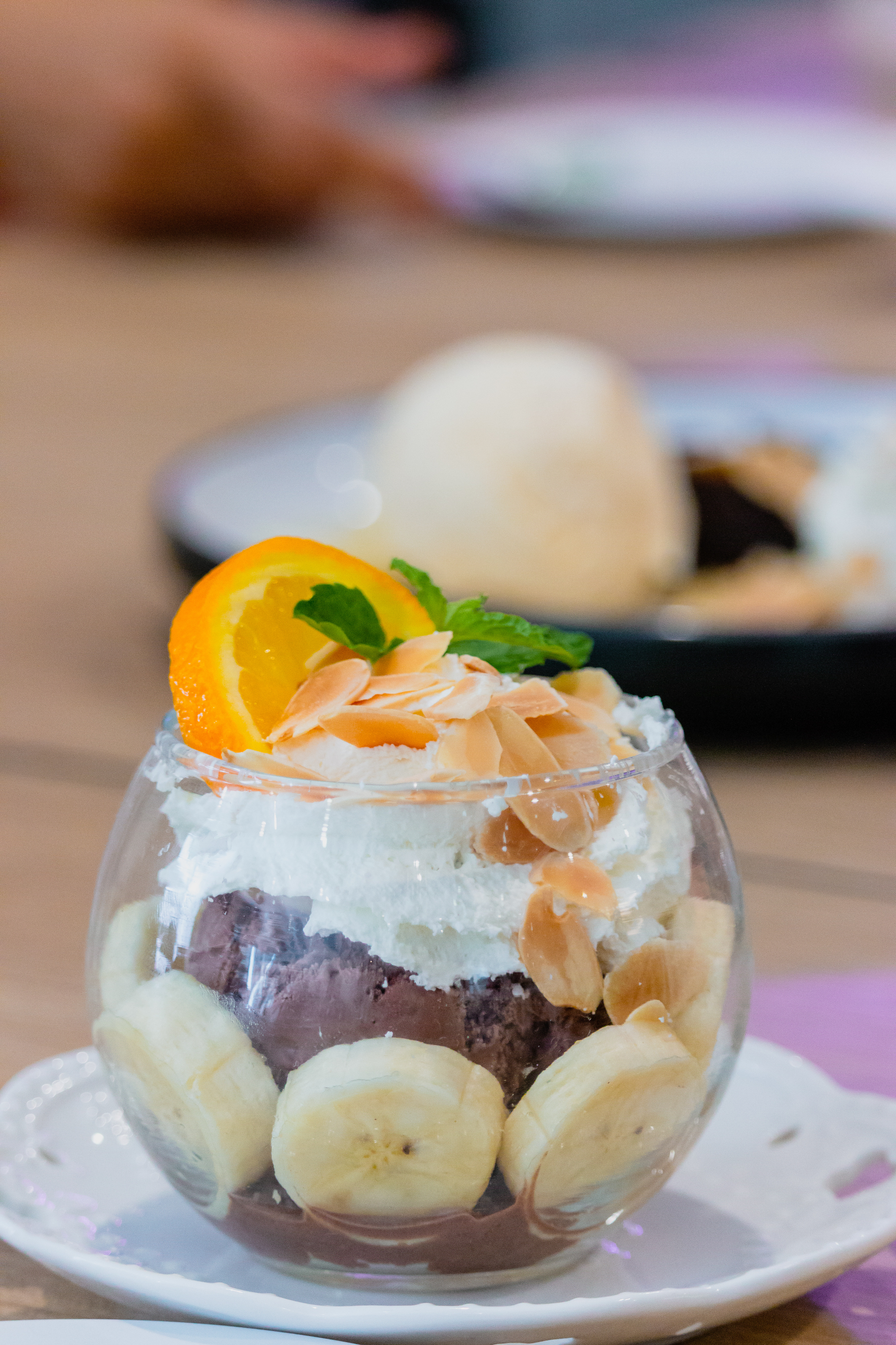 Filipino Halo-Halo Parfait with Tropical Fruits and Leche Flan — Dessert served and photographed from above