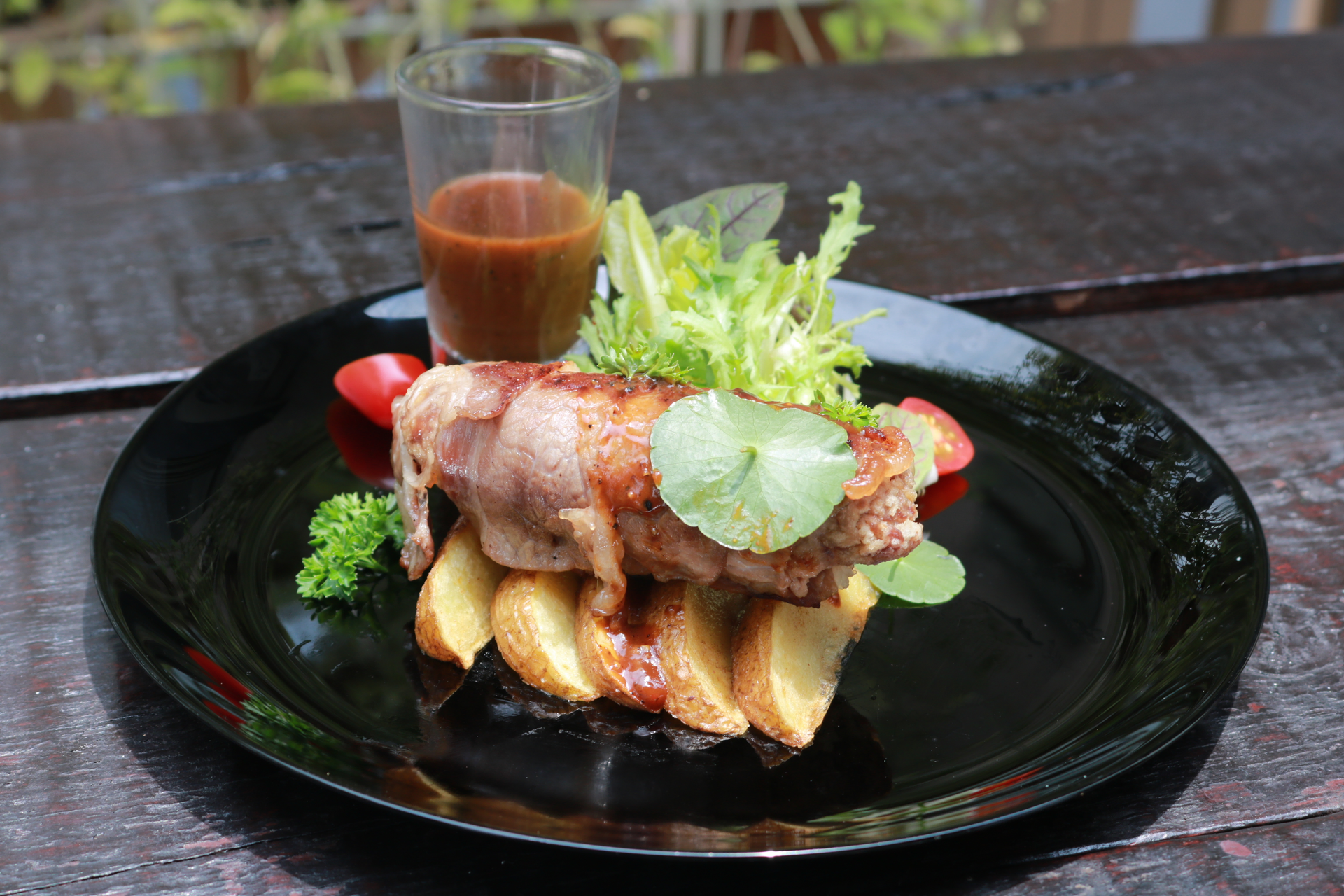 Filipino Tocino Glazed Spareribs with Pineapple Relish — Main Course served and photographed from above
