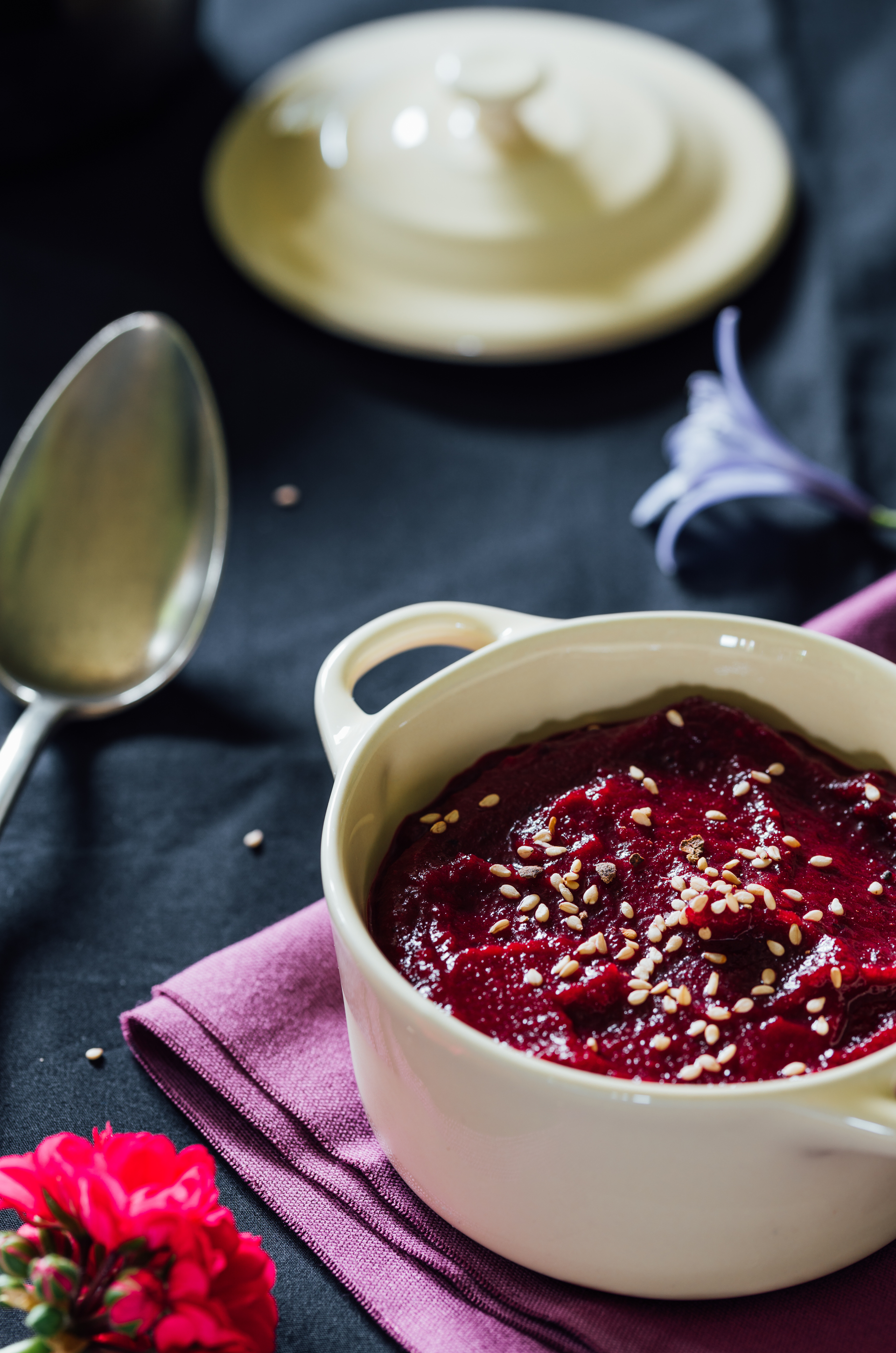 Overhead flat-lay of all ingredients for Finnish Läskisoosi with Lingonberry Relish laid out on a kitchen surface.