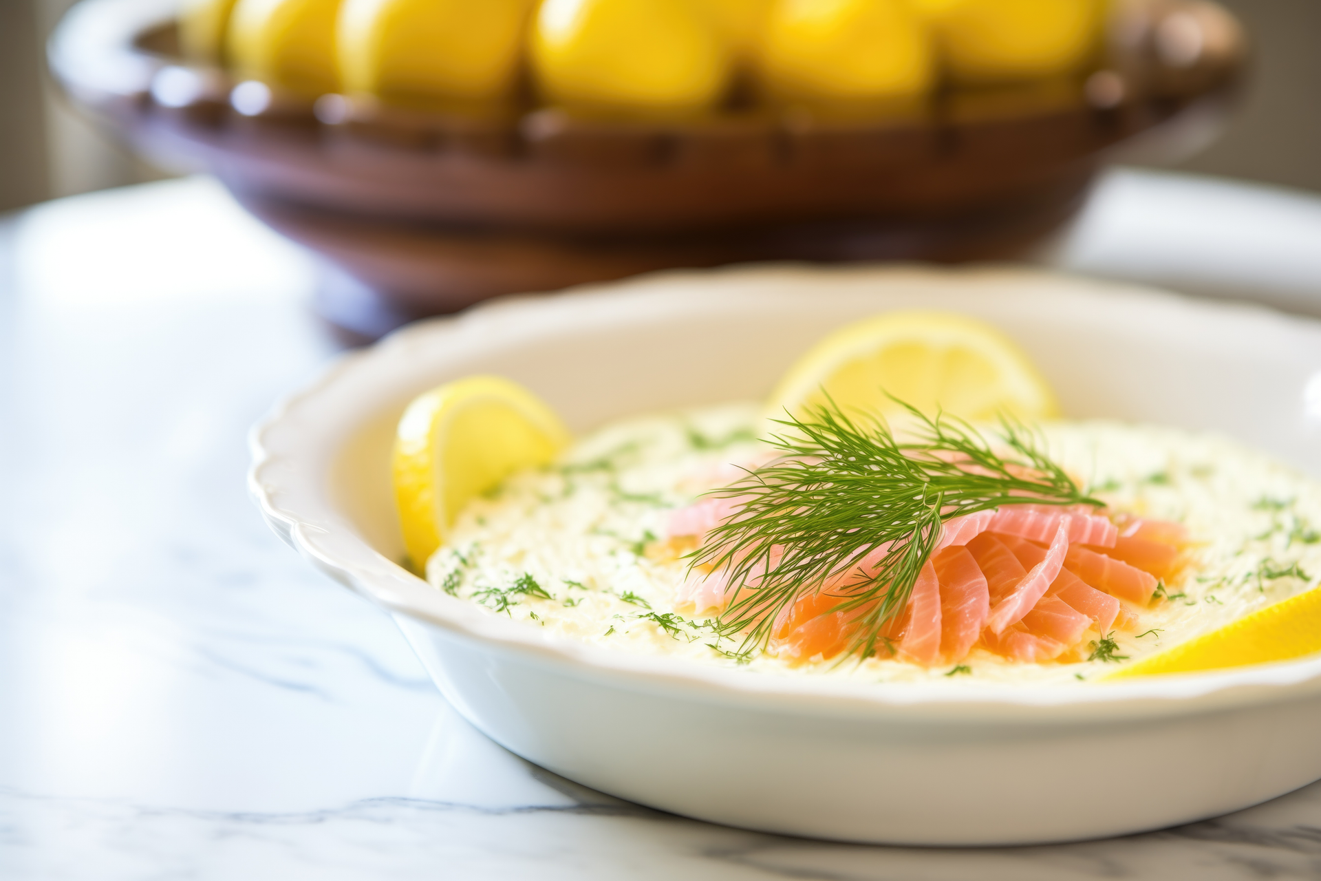 Overhead flat-lay of all ingredients for Finnish Smoked Salmon Soup with Lemon Dill laid out on a kitchen surface.