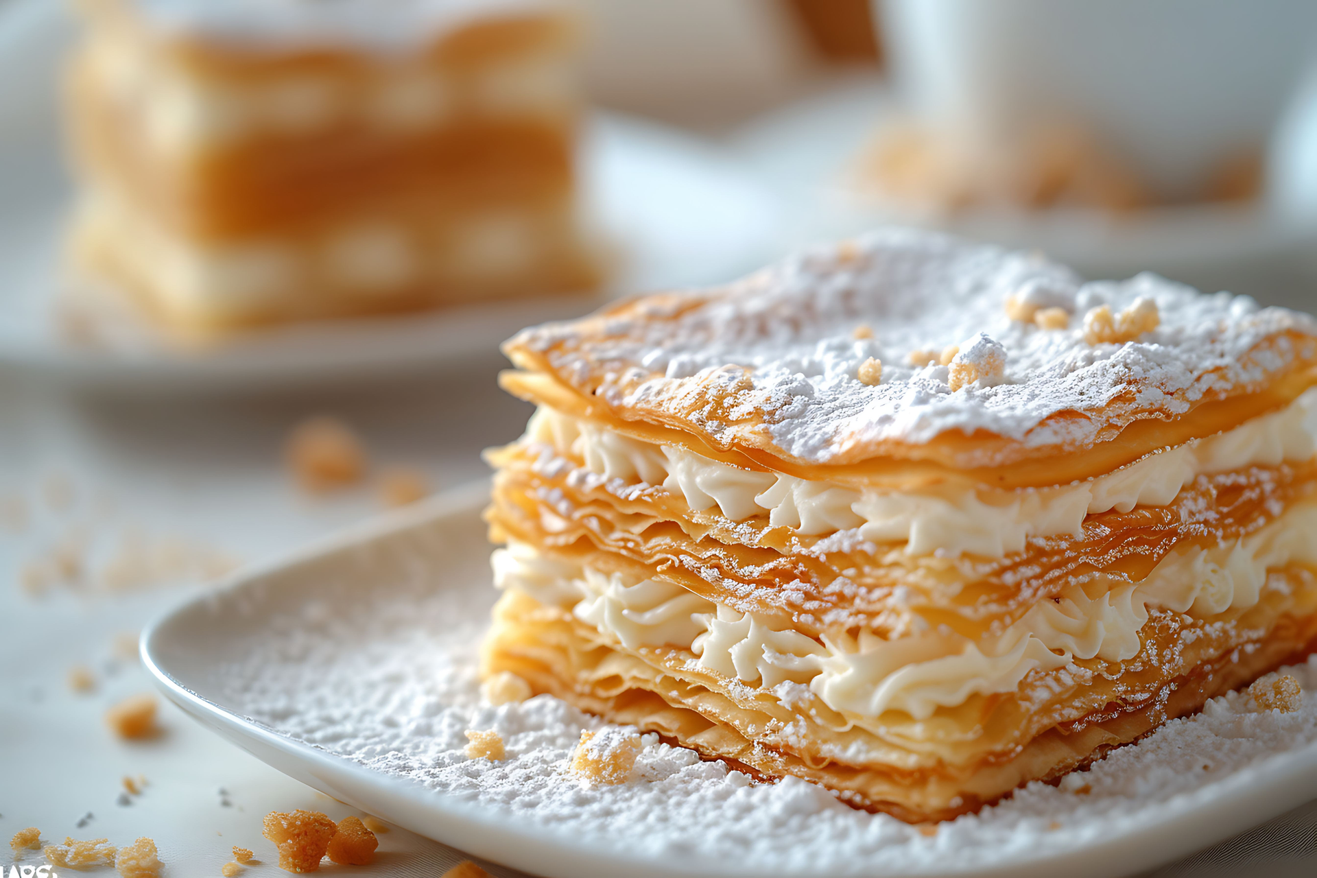 Flaky French Mille-Feuille with Vanilla Bean Pastry Cream — Dessert served and photographed from above