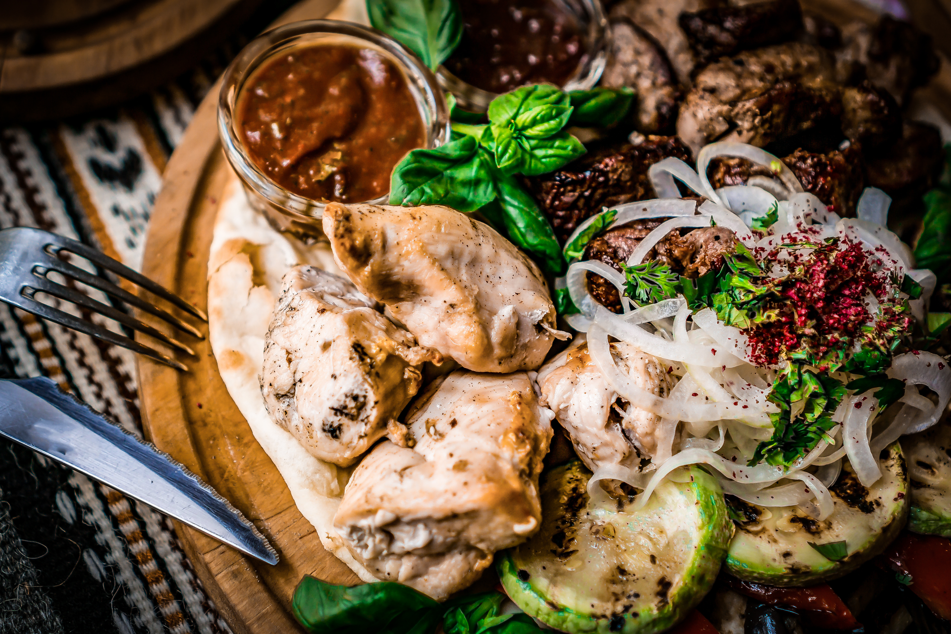 Flavorful Turkish Tavuk Sis with Sumac and Parsley Marinade — Main Course served and photographed from above