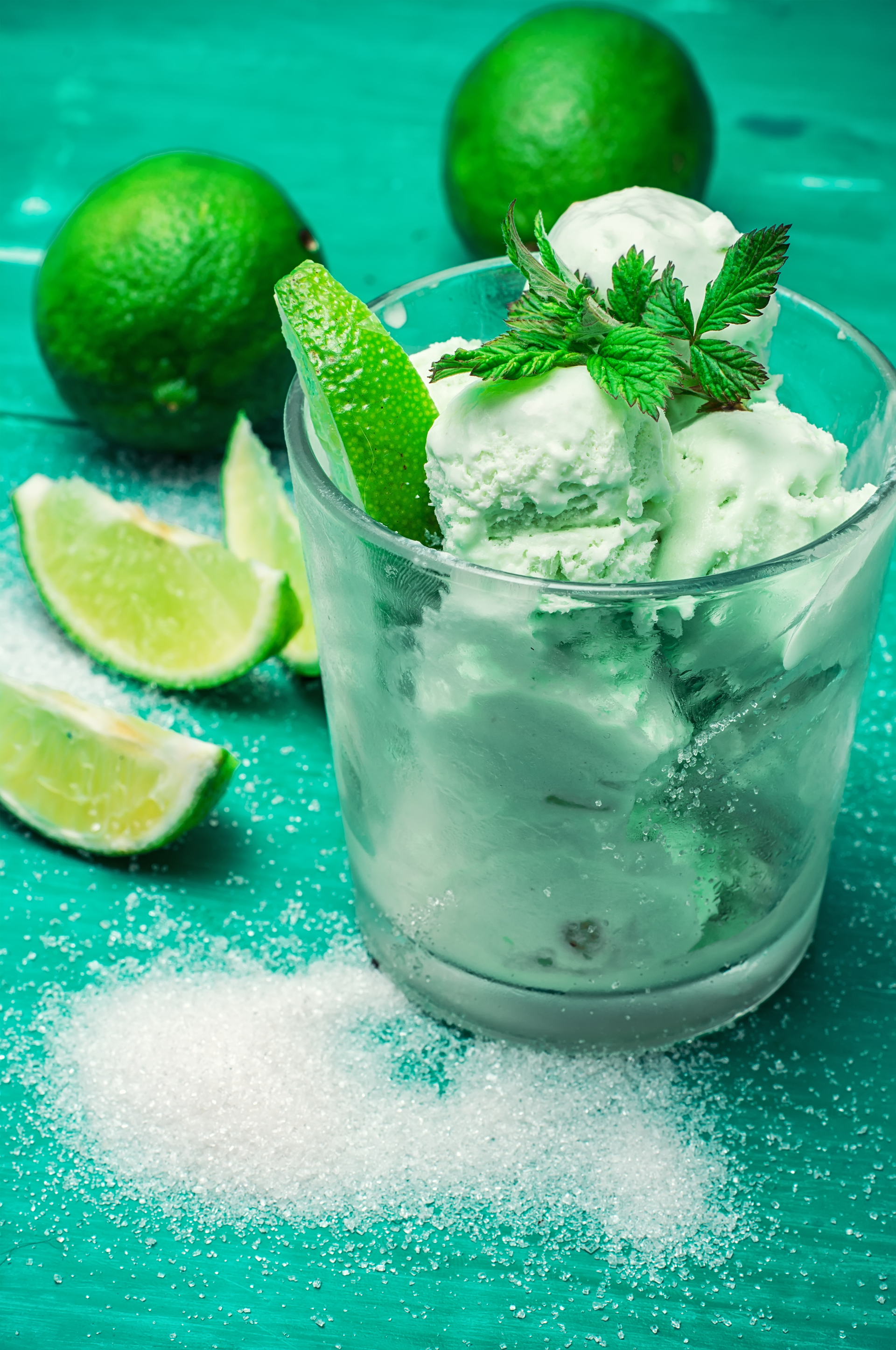 Floral Cuban Mojito Sorbet with Fresh Mint and Lime — Dessert served and photographed from above
