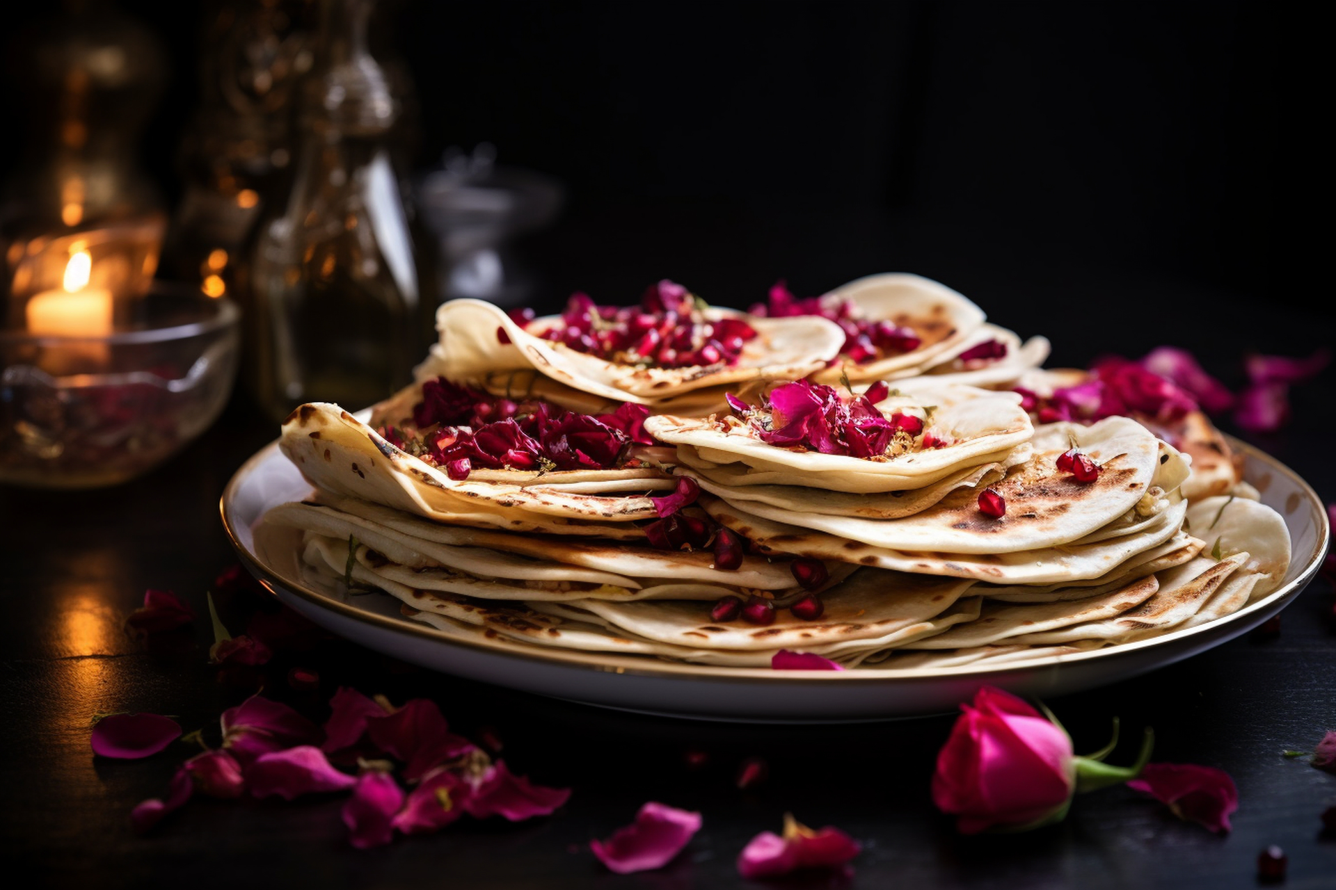 Overhead flat-lay of all ingredients for Floral Indian Gulkand Paratha with Rose Petal Preserve laid out on a kitchen surface.