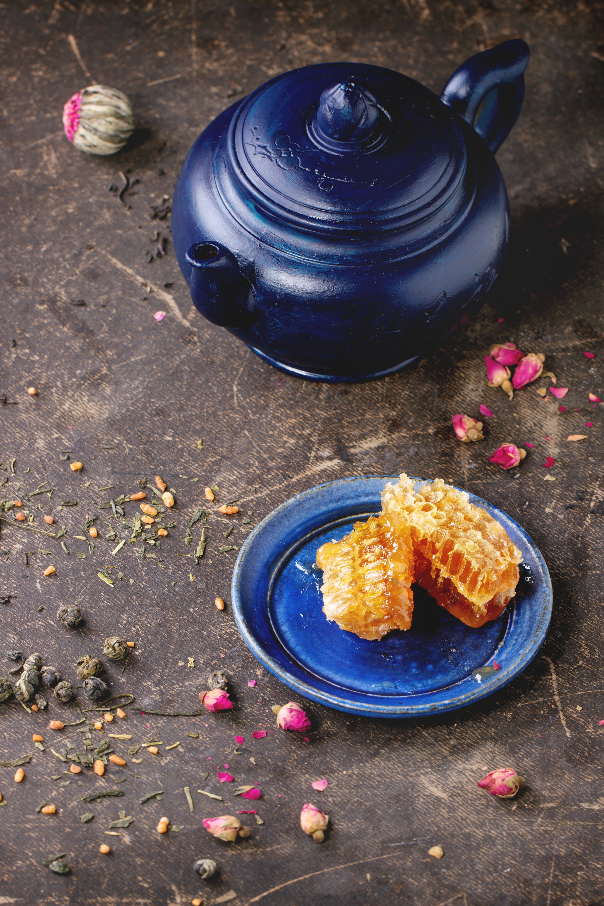 Overhead flat-lay of all ingredients for Floral Iranian Gol Gavzaban with Lemon and Honey laid out on a kitchen surface.
