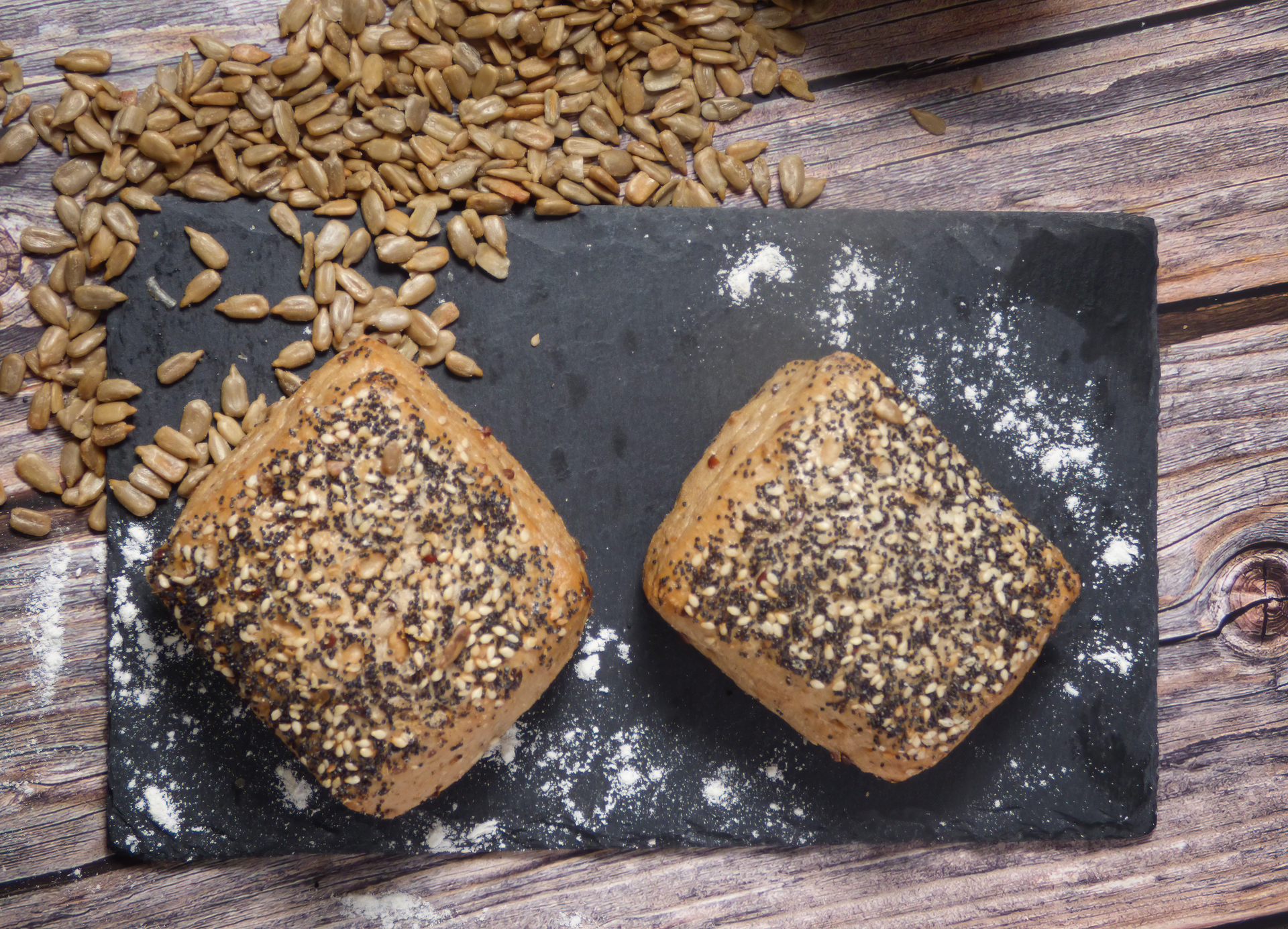 Fluffy Danish Rye Bread with Sunflower Seeds — Side Dish served and photographed from above