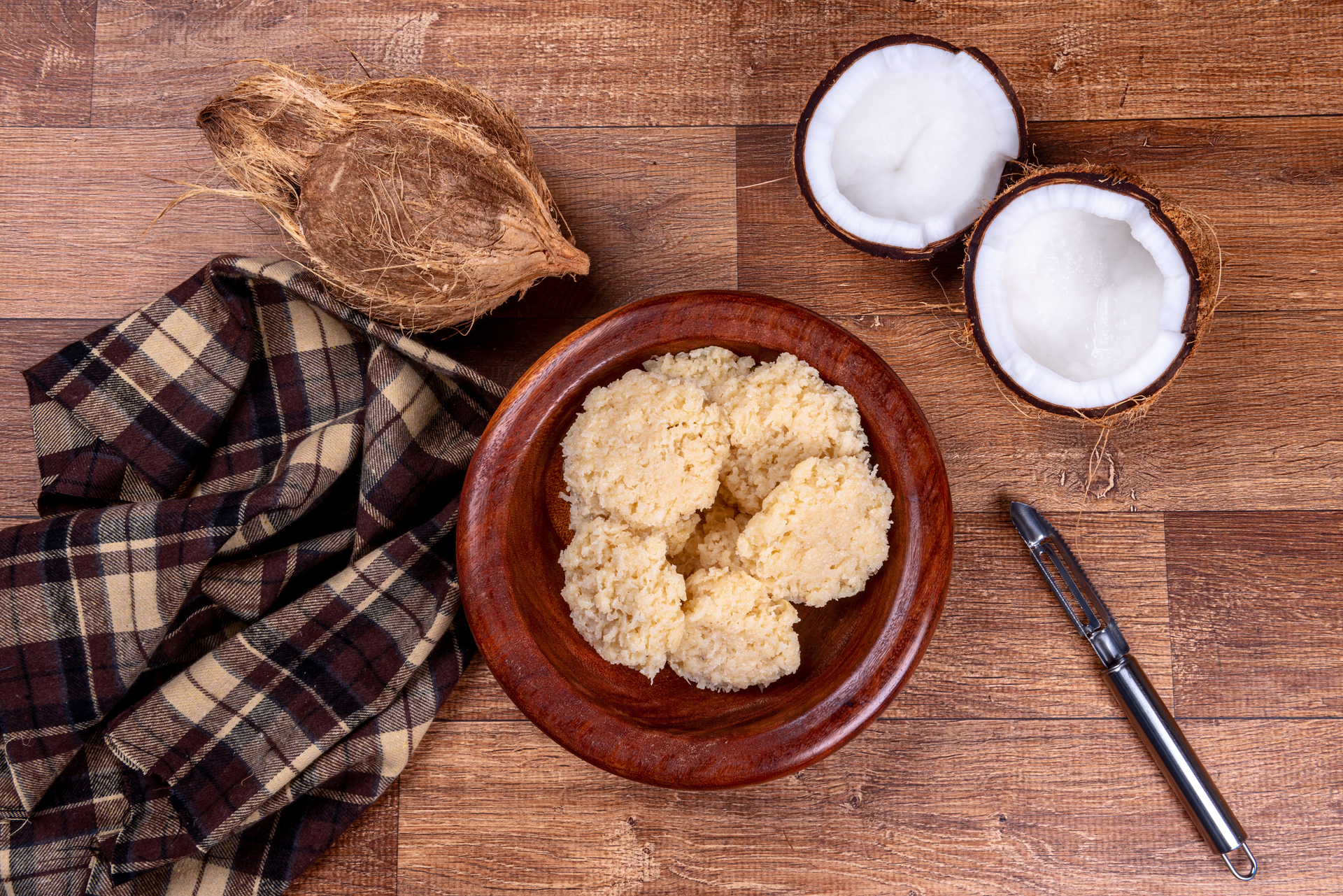 Fluffy Jamaican Bammy with Coconut Milk Soak — Side Dish served and photographed from above