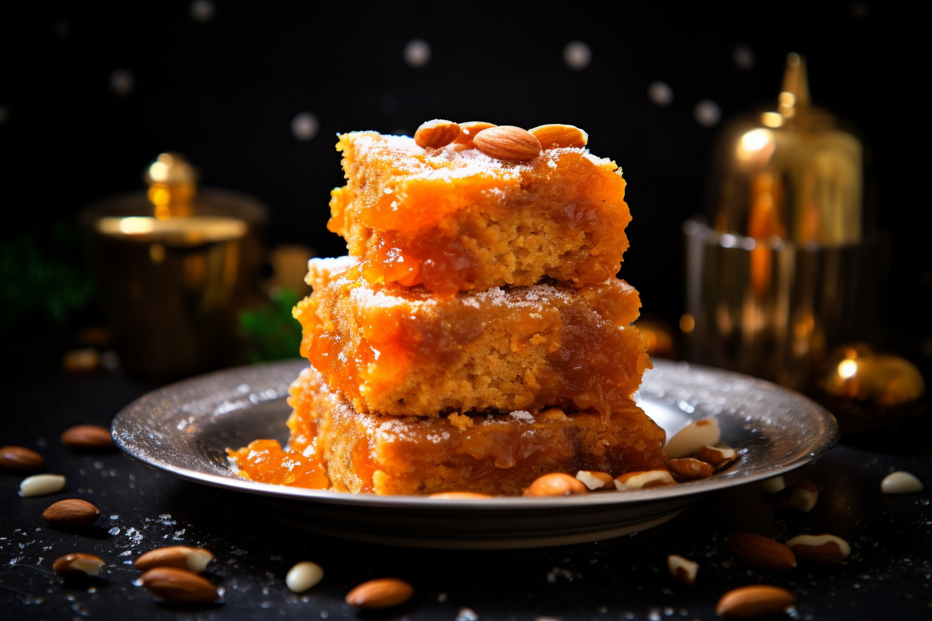 Overhead flat-lay of all ingredients for Fluffy Turkish Revani Cake with Orange Syrup and Pistachios laid out on a kitchen surface.