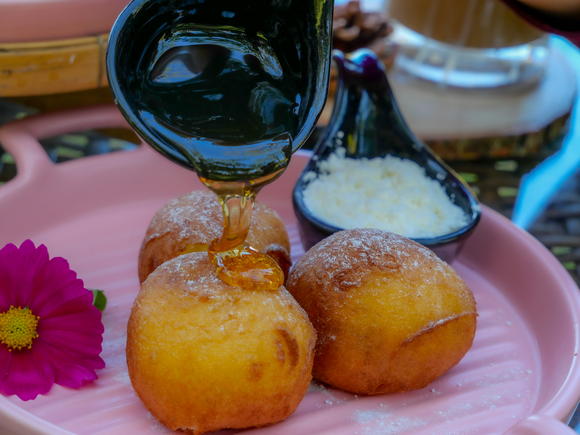 Overhead flat-lay of all ingredients for Fluffy Venezuelan Golfeados with Anise Syrup laid out on a kitchen surface.