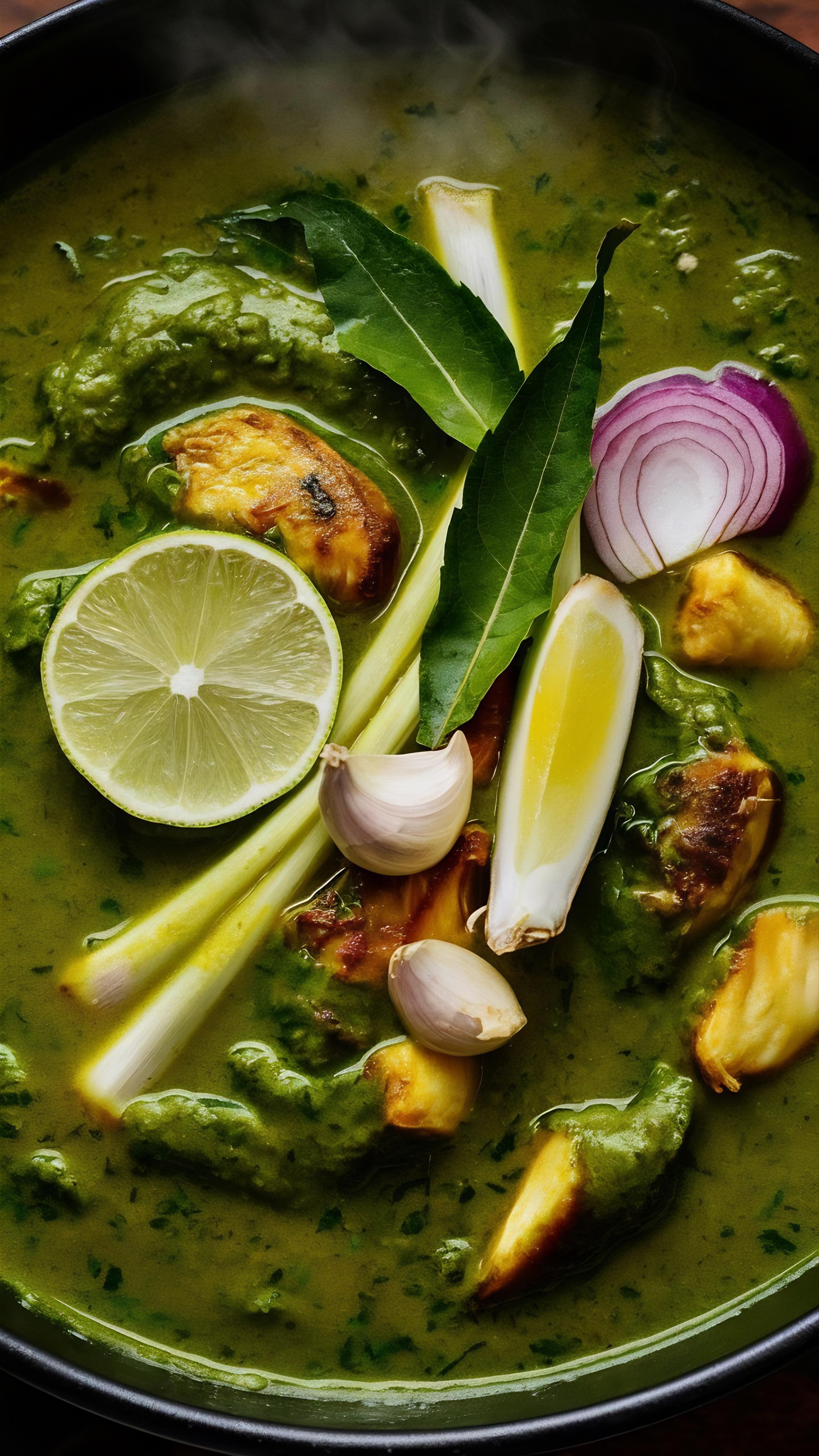 Overhead flat-lay of all ingredients for Fragrant Bangladeshi Hadi Bhuna with Scallions and Spices laid out on a kitchen surface.