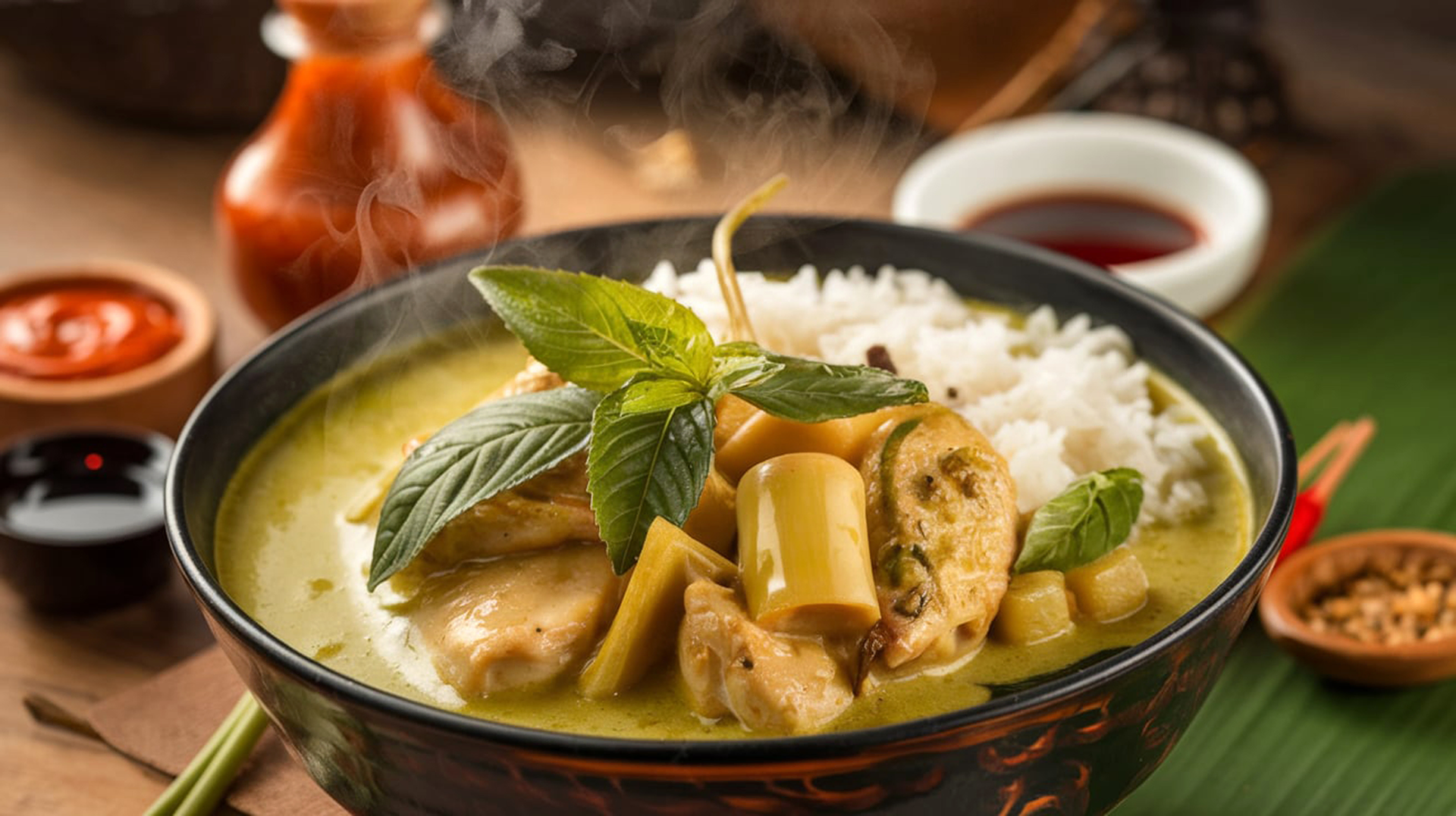 Overhead flat-lay of all ingredients for Fragrant Burmese Lemongrass Pork Curry with Jasmine Rice laid out on a kitchen surface.