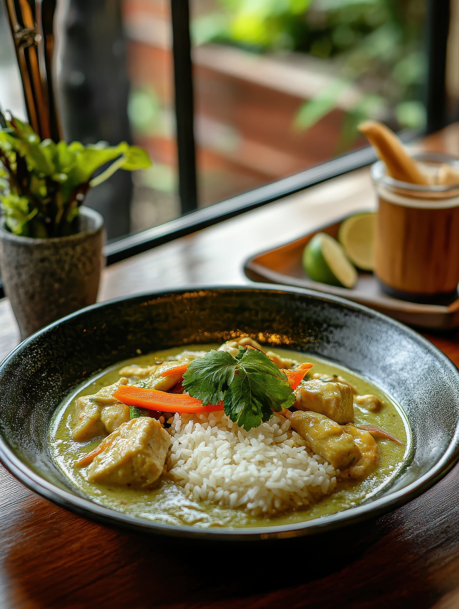 Fragrant Burmese Lemongrass Pork Curry with Jasmine Rice — Main Course served and photographed from above