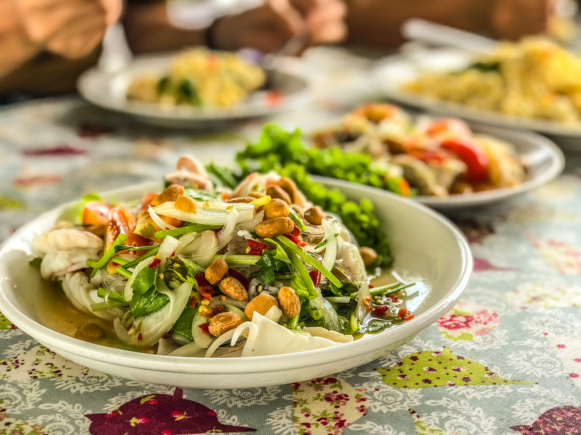 Fragrant Burmese Tea Leaf Salad with Fried Peanuts — Appetizer served and photographed from above