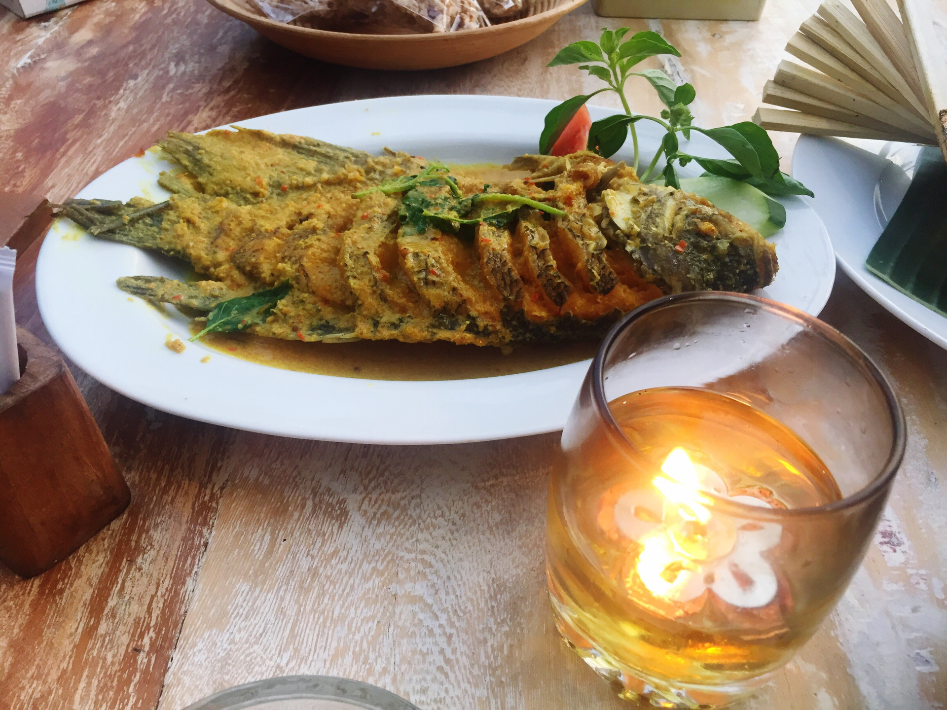 Fragrant Cambodian Fish Amok with Lemongrass — Main Course served and photographed from above