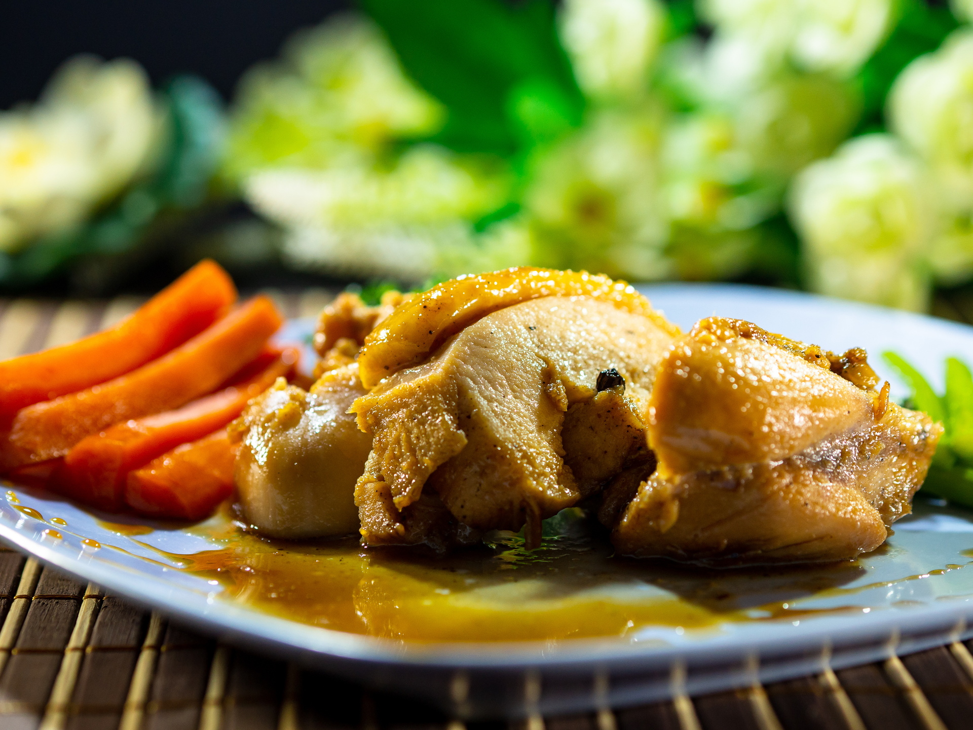 Overhead flat-lay of all ingredients for Fragrant Congolese Moambe Chicken with Palm Butter Sauce laid out on a kitchen surface.