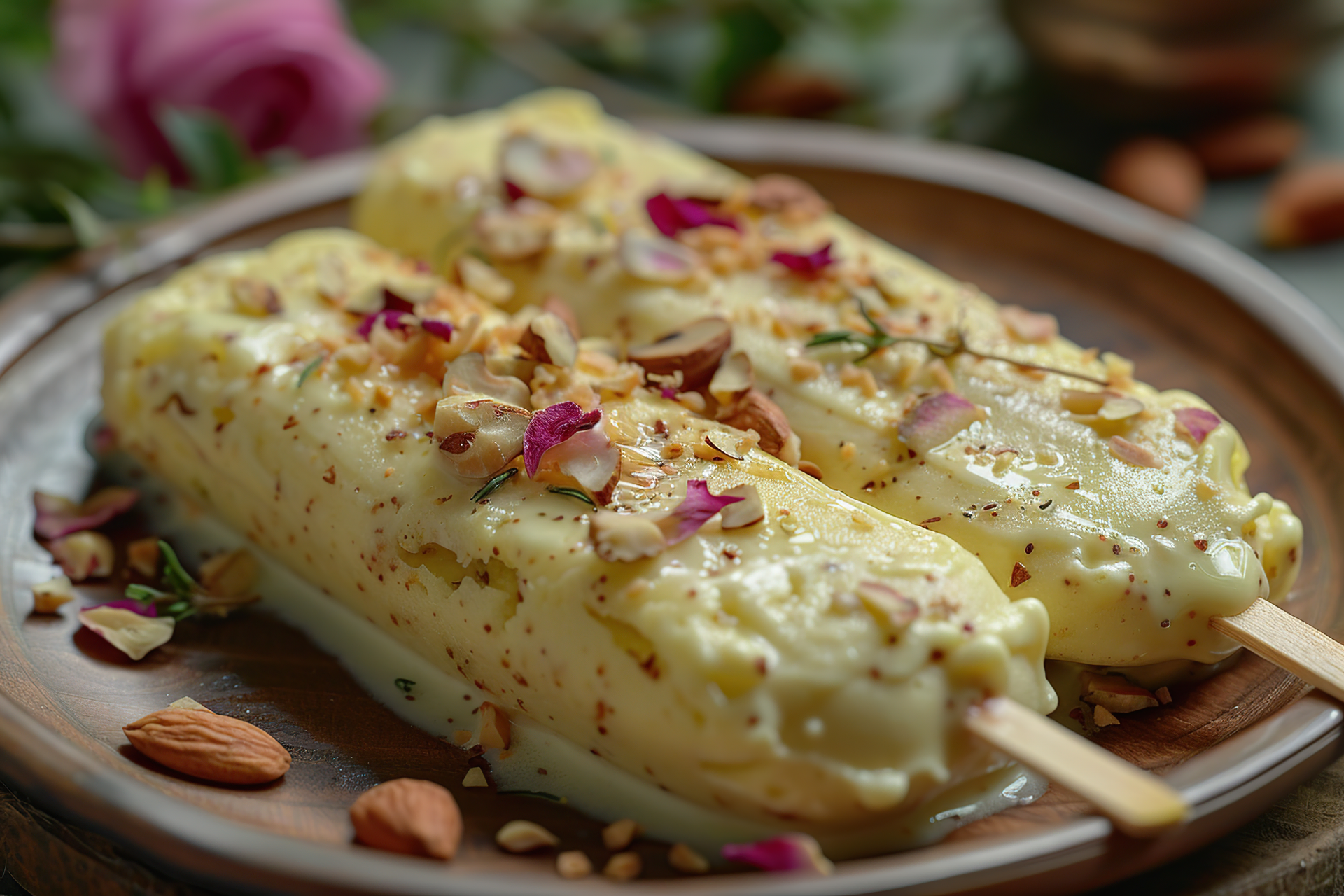 Fragrant Indian Kesar Pista Kulfi with Cardamom Sprinkles — Dessert served and photographed from above