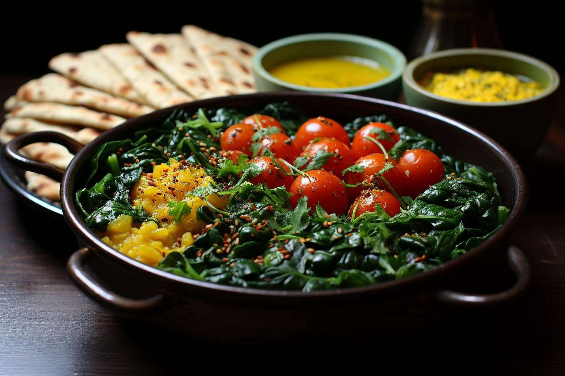 Overhead flat-lay of all ingredients for Fragrant Indian Palak Chole with Cumin-Infused Naan laid out on a kitchen surface.