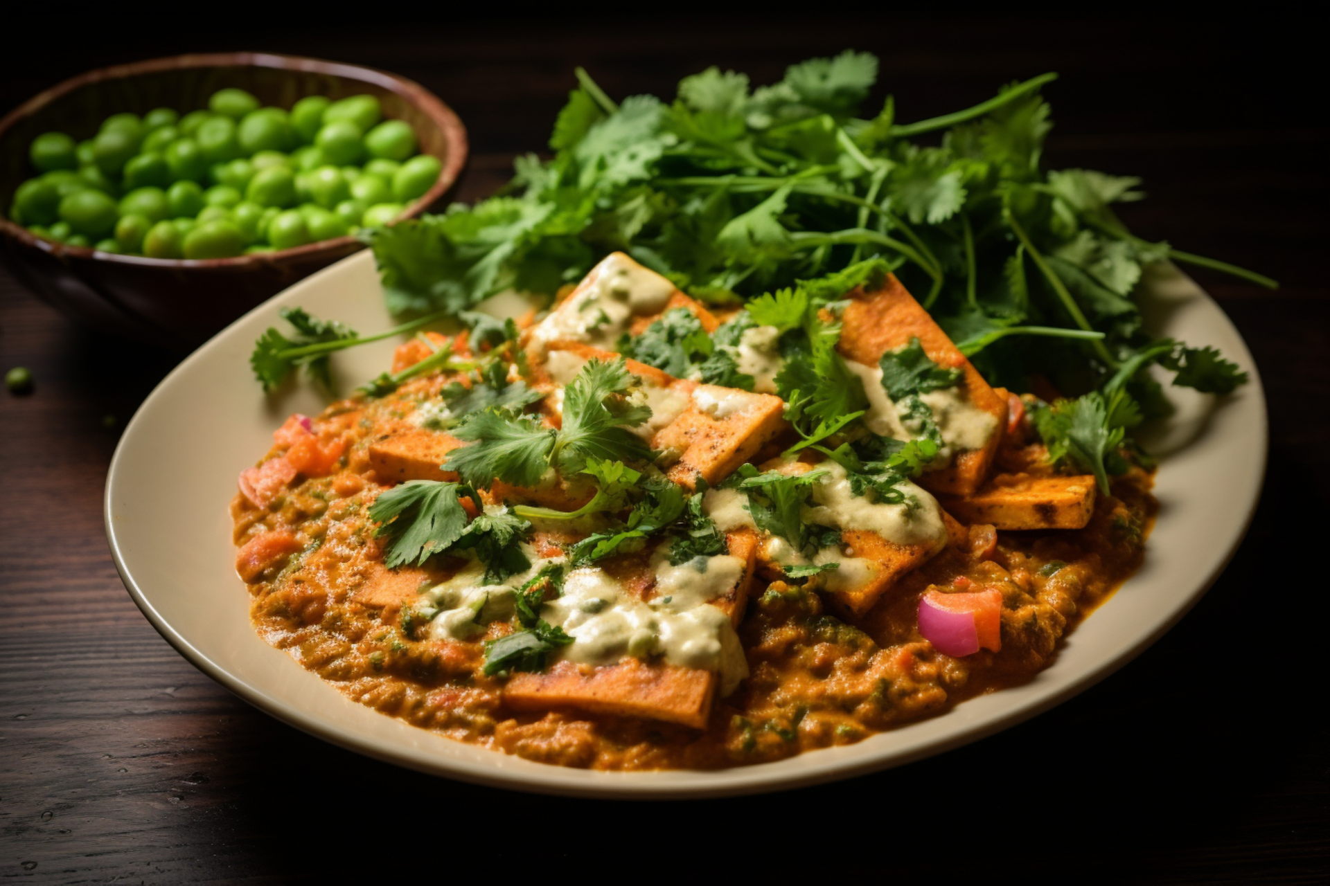 Fragrant Indian Paneer Bhurji with Cilantro and Tomato — Main Course served and photographed from above