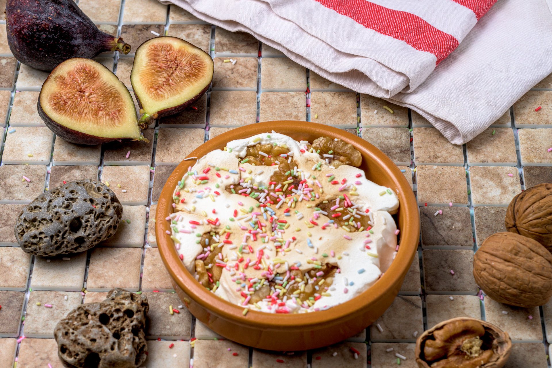 Fragrant Pakistani Cardamom Kheer with Fig Compote — Dessert served and photographed from above