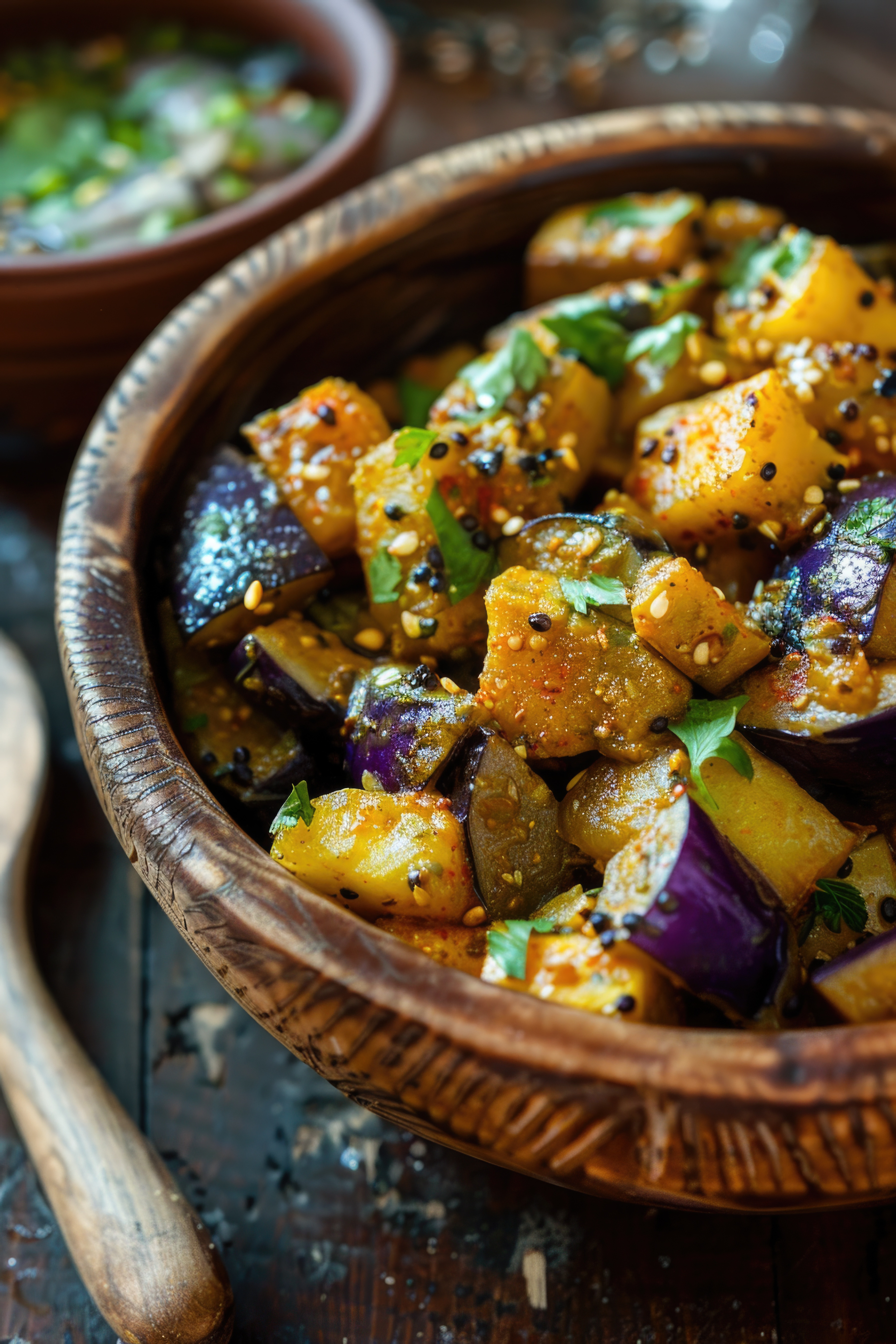 Fragrant Sri Lankan Eggplant Moju with Tamarind and Ginger — Side Dish served and photographed from above