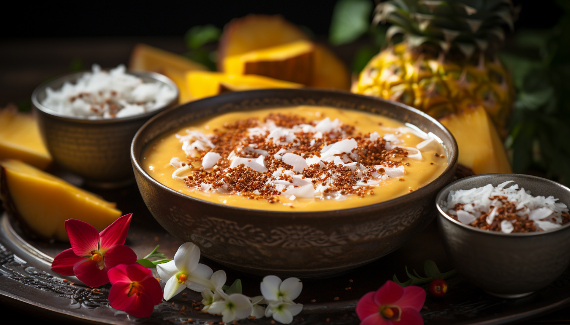 Overhead flat-lay of all ingredients for Fragrant Sri Lankan Parippu with Red Lentils and Coconut Milk laid out on a kitchen surface.