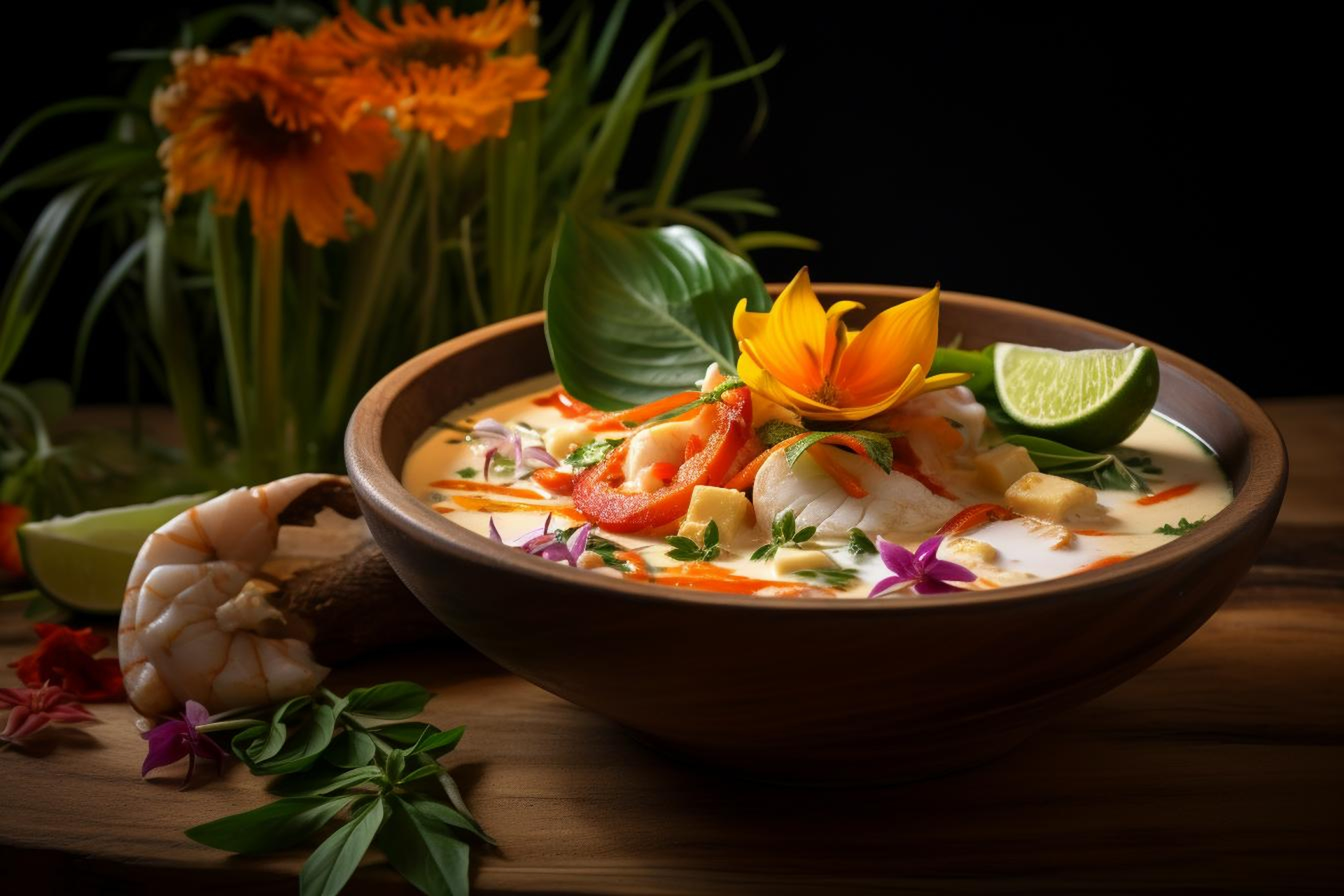 Fragrant Thai Coconut Lime Soup with Seafood Medley — Soup served and photographed from above