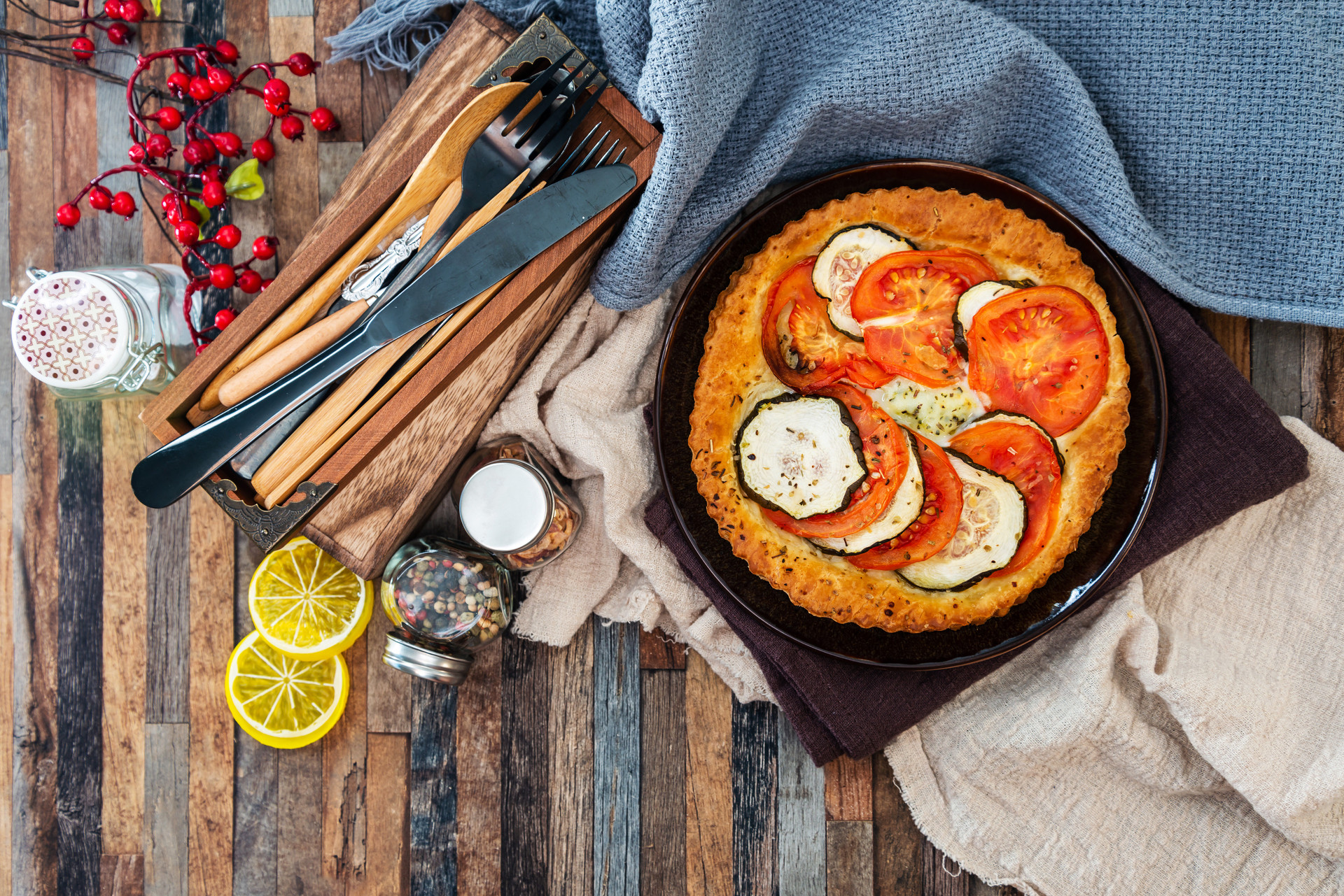 French Heirloom Tomato Tart Tatin with Lavender Honey — Appetizer served and photographed from above