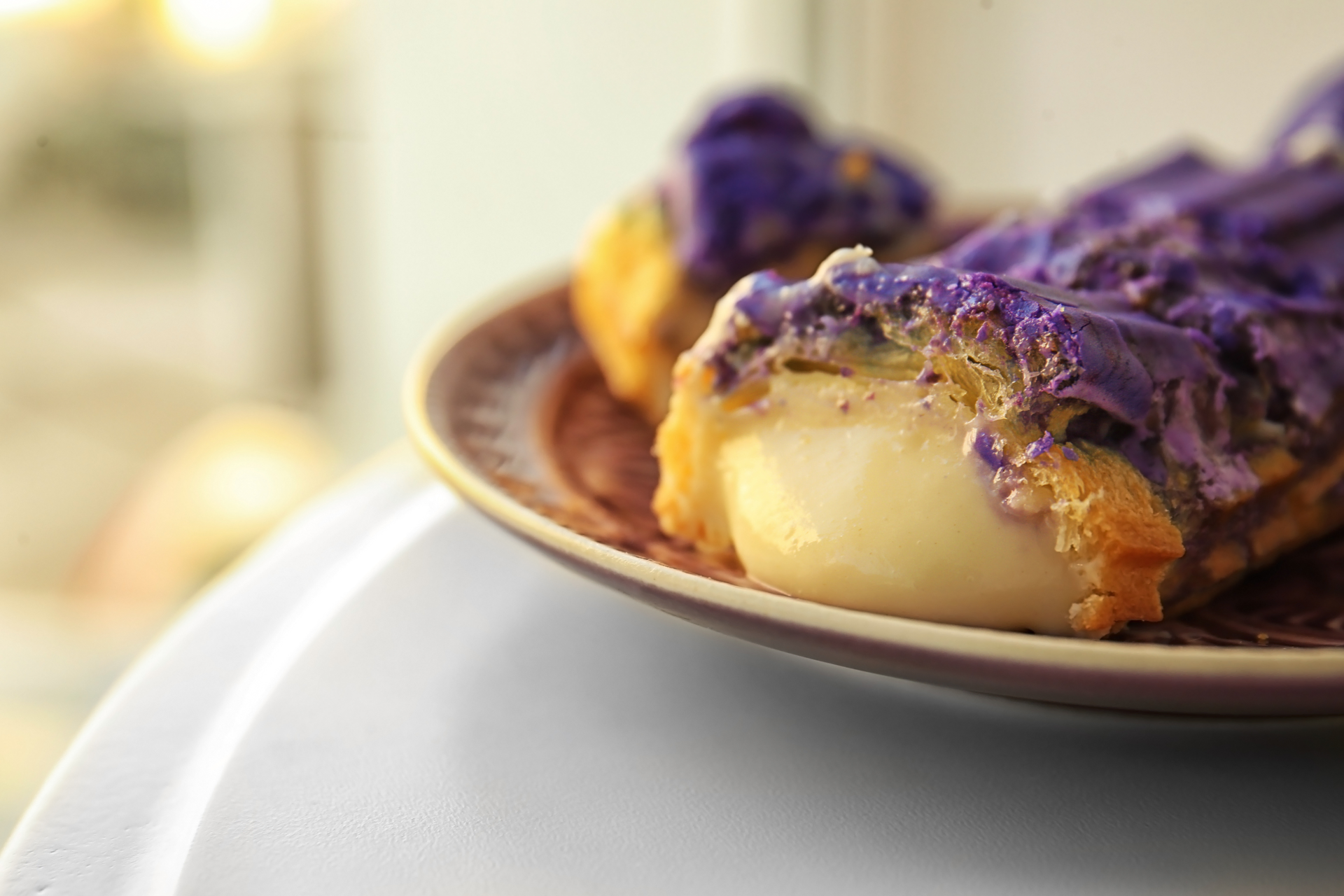 Overhead flat-lay of all ingredients for French Lavender Crème Brûlée laid out on a kitchen surface.