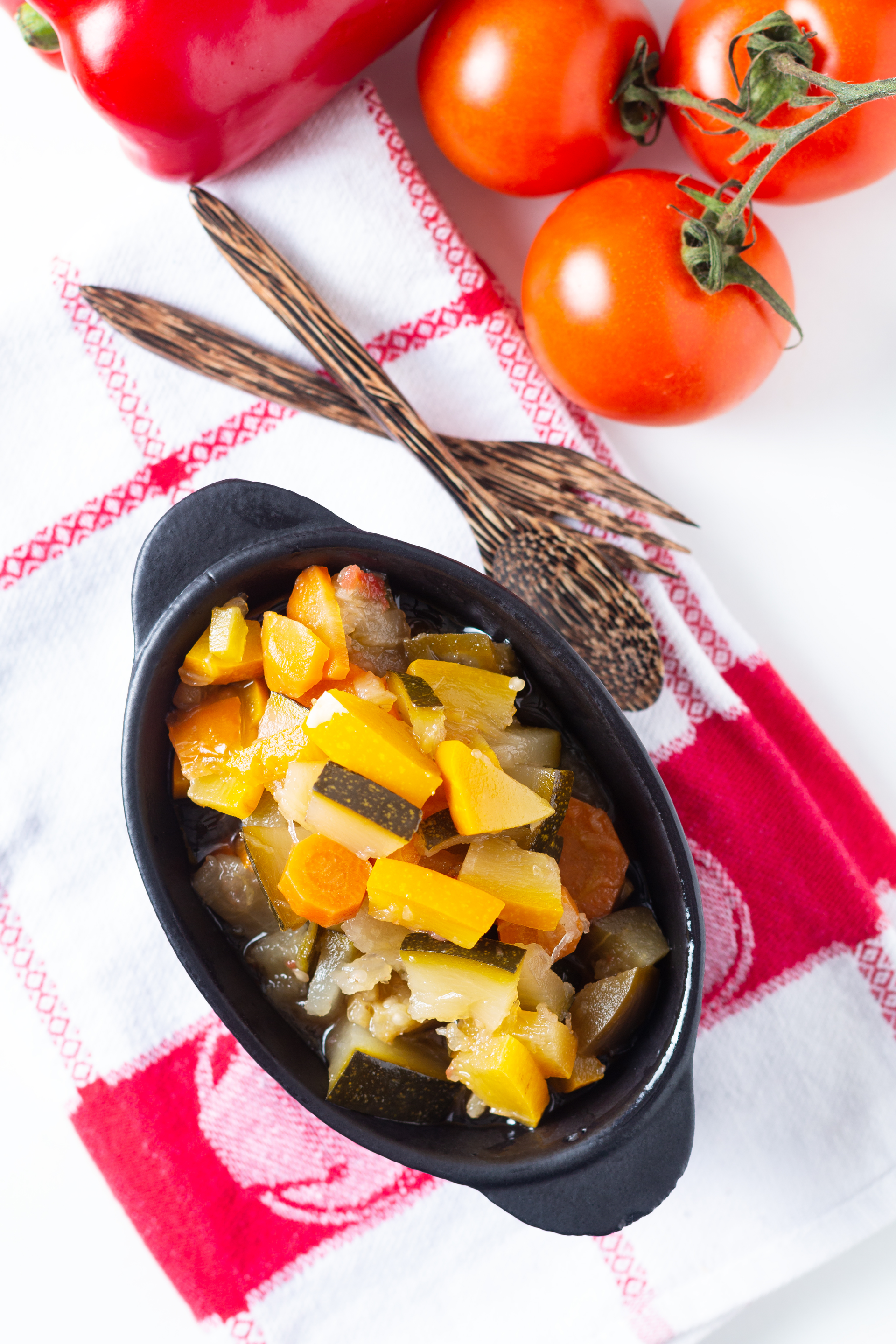 French Ratatouille with Herb-Infused Tomato Sauce — Main Course served and photographed from above