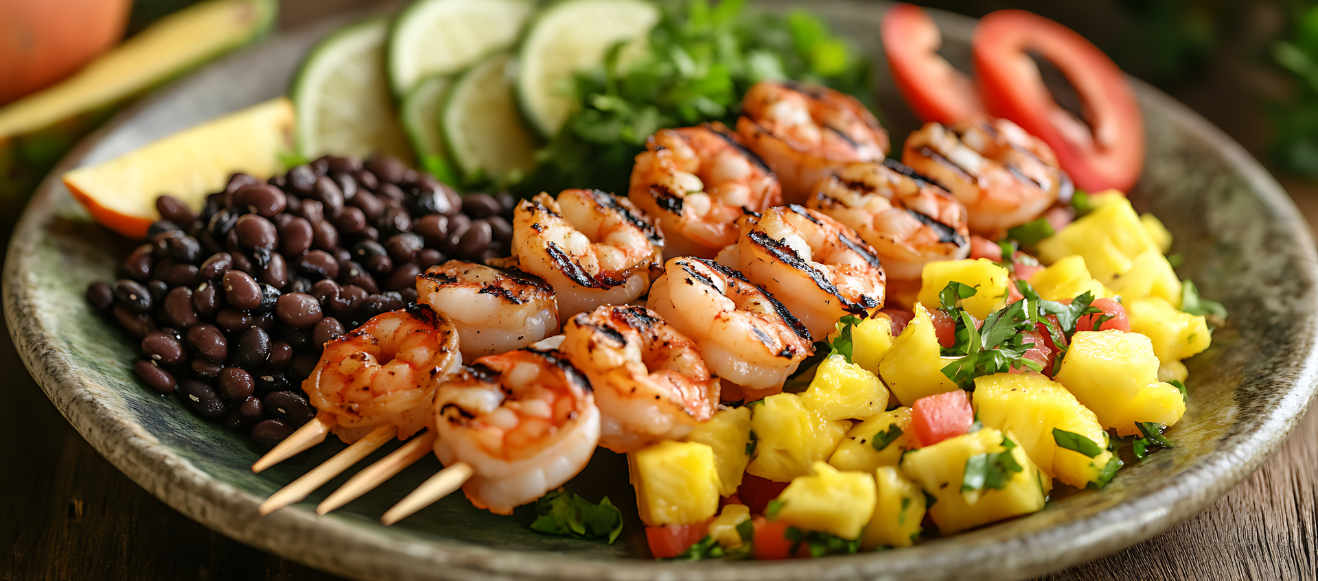 Overhead flat-lay of all ingredients for Fresh Caribbean Pineapple Rice with Coconut Shrimp Skewers laid out on a kitchen surface.